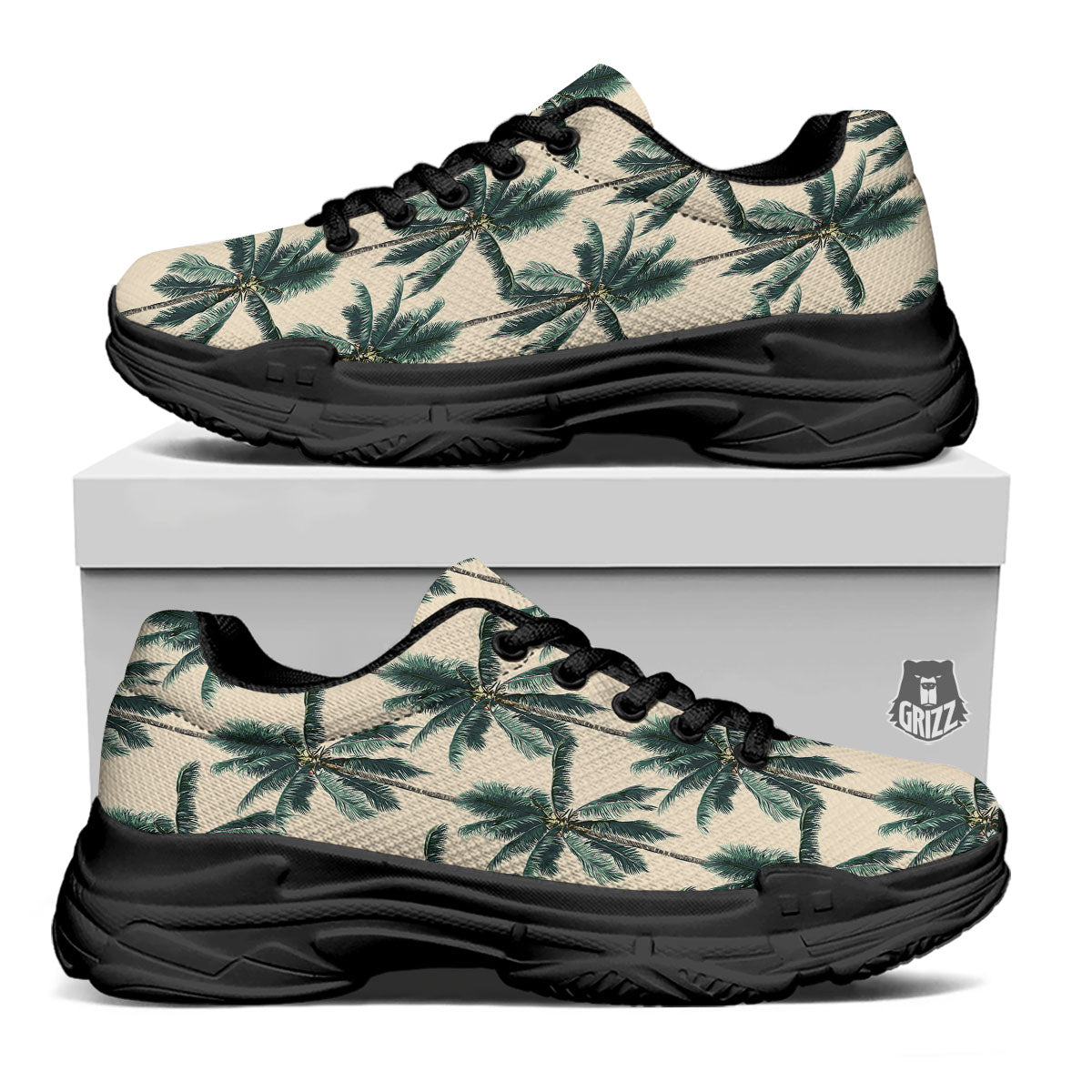 Palm Tree Tropical Print Pattern Black Chunky Shoes-grizzshop