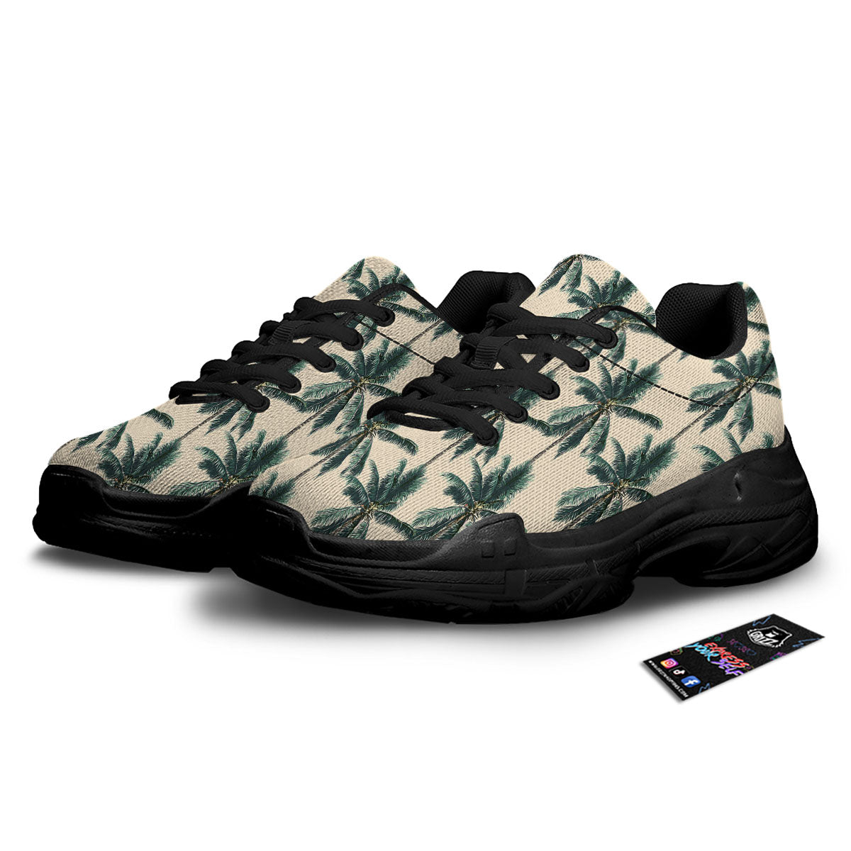Palm Tree Tropical Print Pattern Black Chunky Shoes-grizzshop