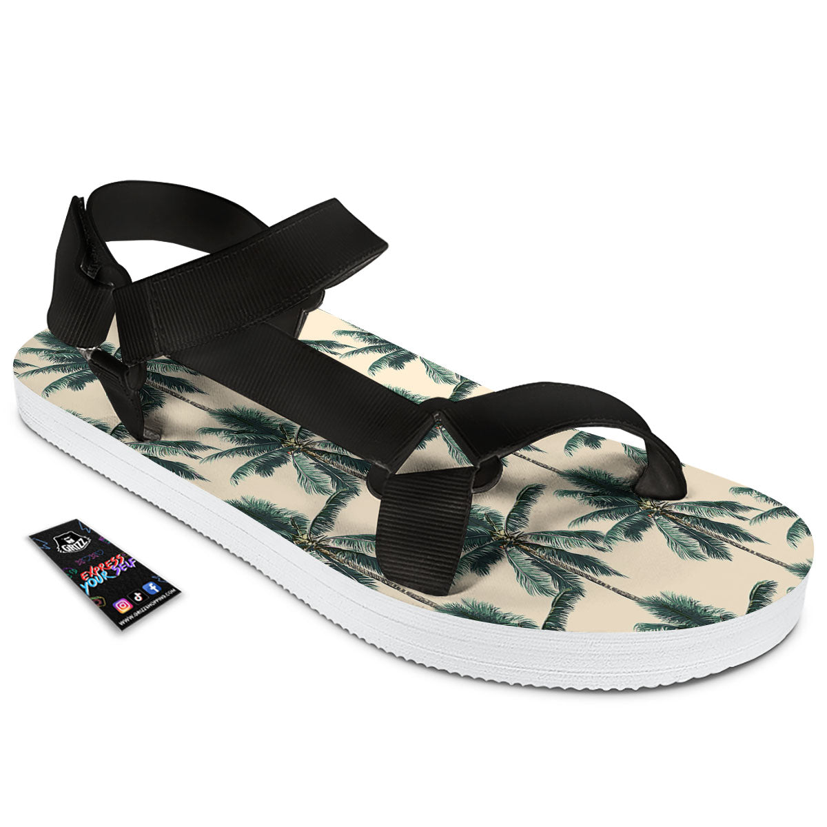 Palm Tree Tropical Print Pattern Black Open Toe Sandals-grizzshop