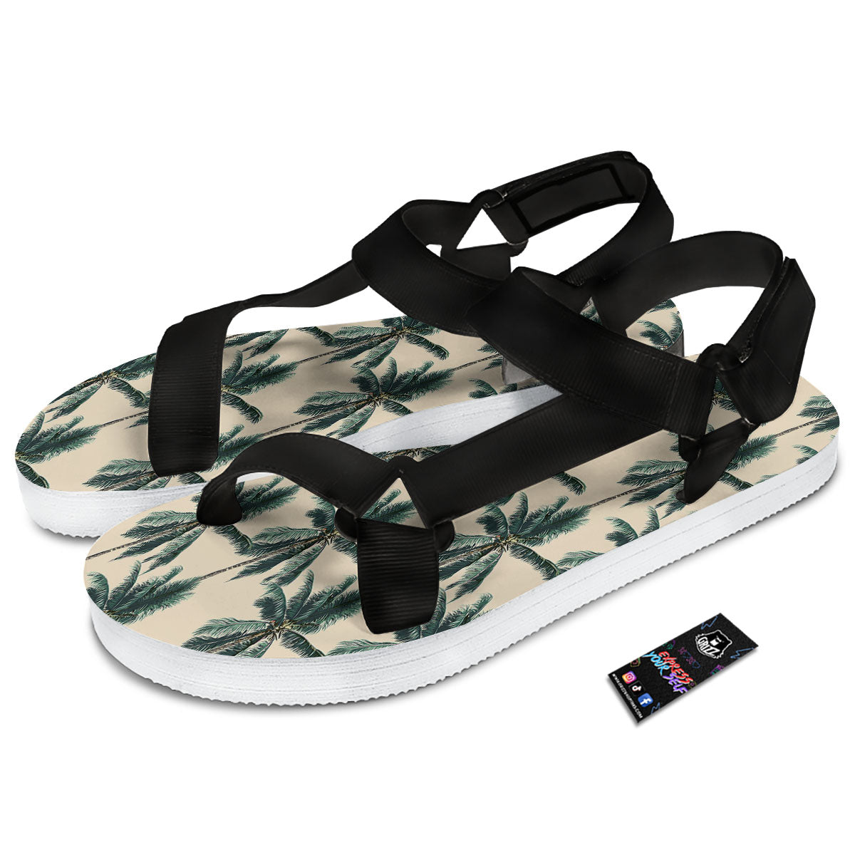 Palm Tree Tropical Print Pattern Black Open Toe Sandals-grizzshop