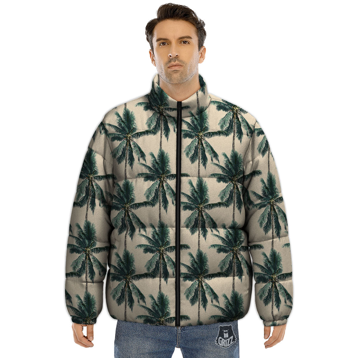 Palm Tree Tropical Print Pattern Puffer Jacket-grizzshop