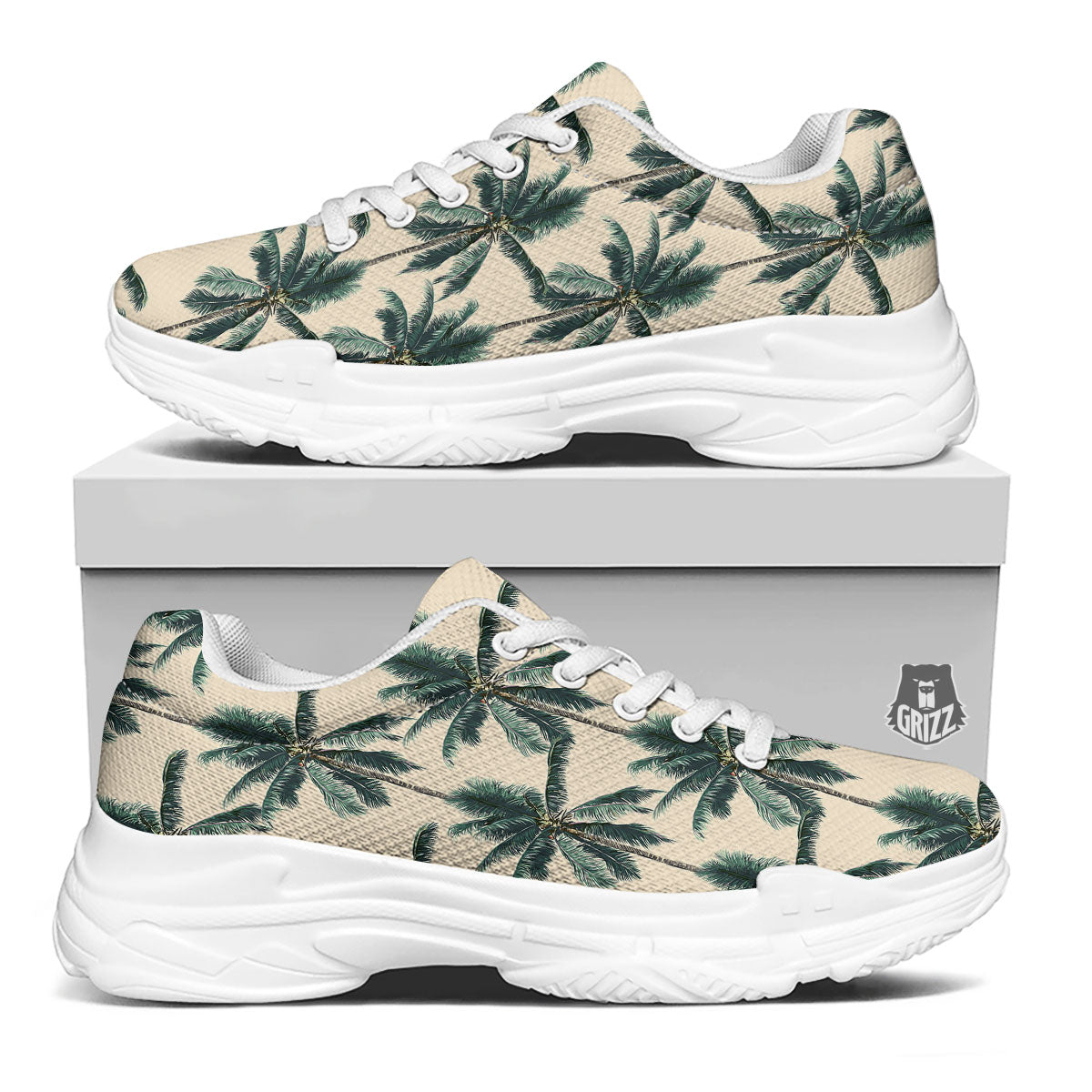 Palm Tree Tropical Print Pattern White Chunky Shoes-grizzshop