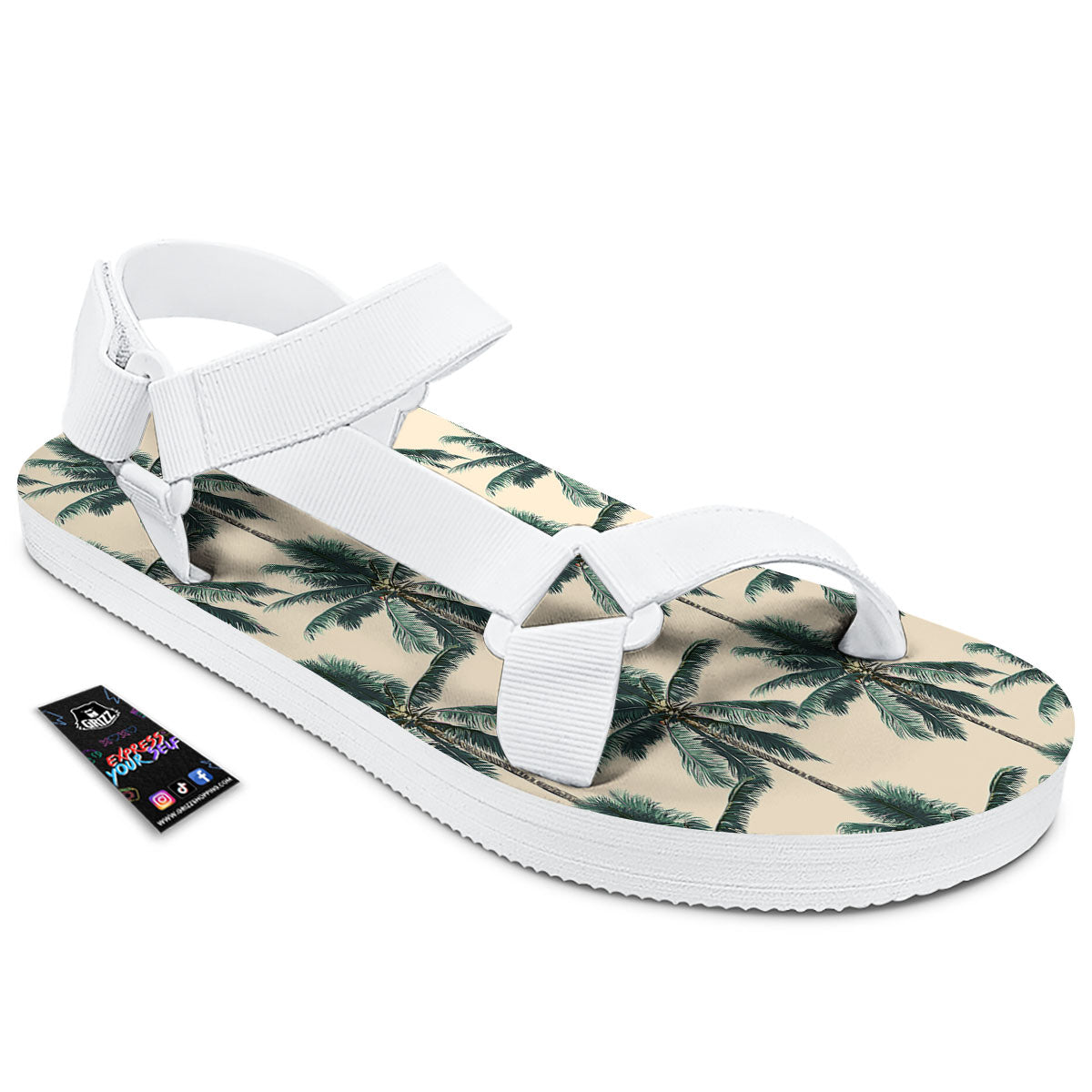 Palm Tree Tropical Print Pattern White Open Toe Sandals-grizzshop