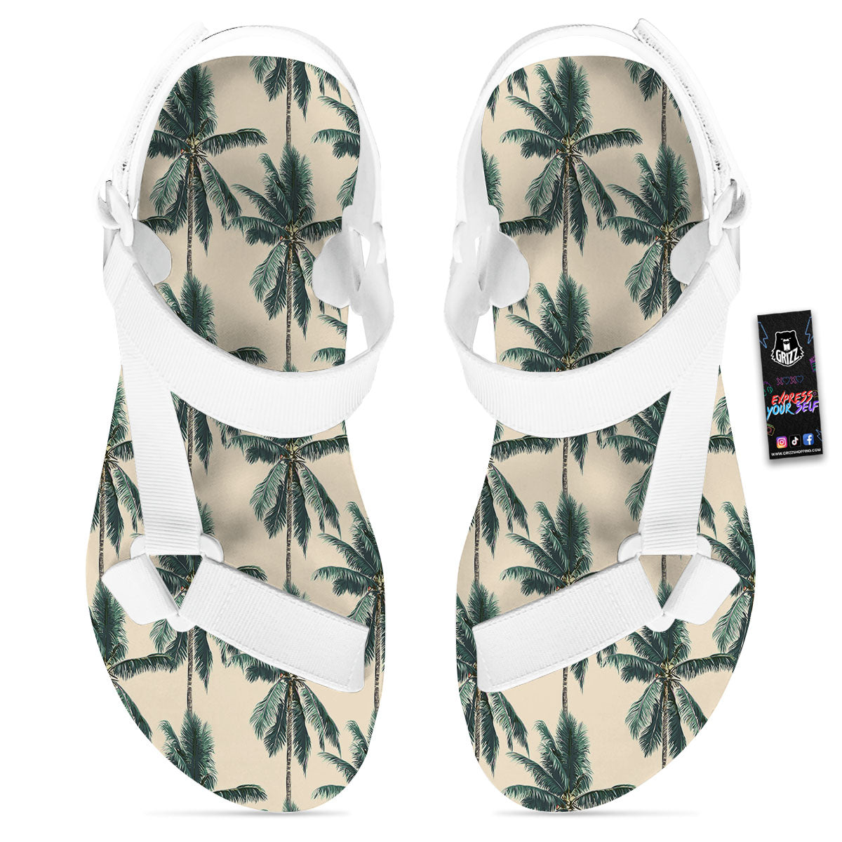 Palm Tree Tropical Print Pattern White Open Toe Sandals-grizzshop