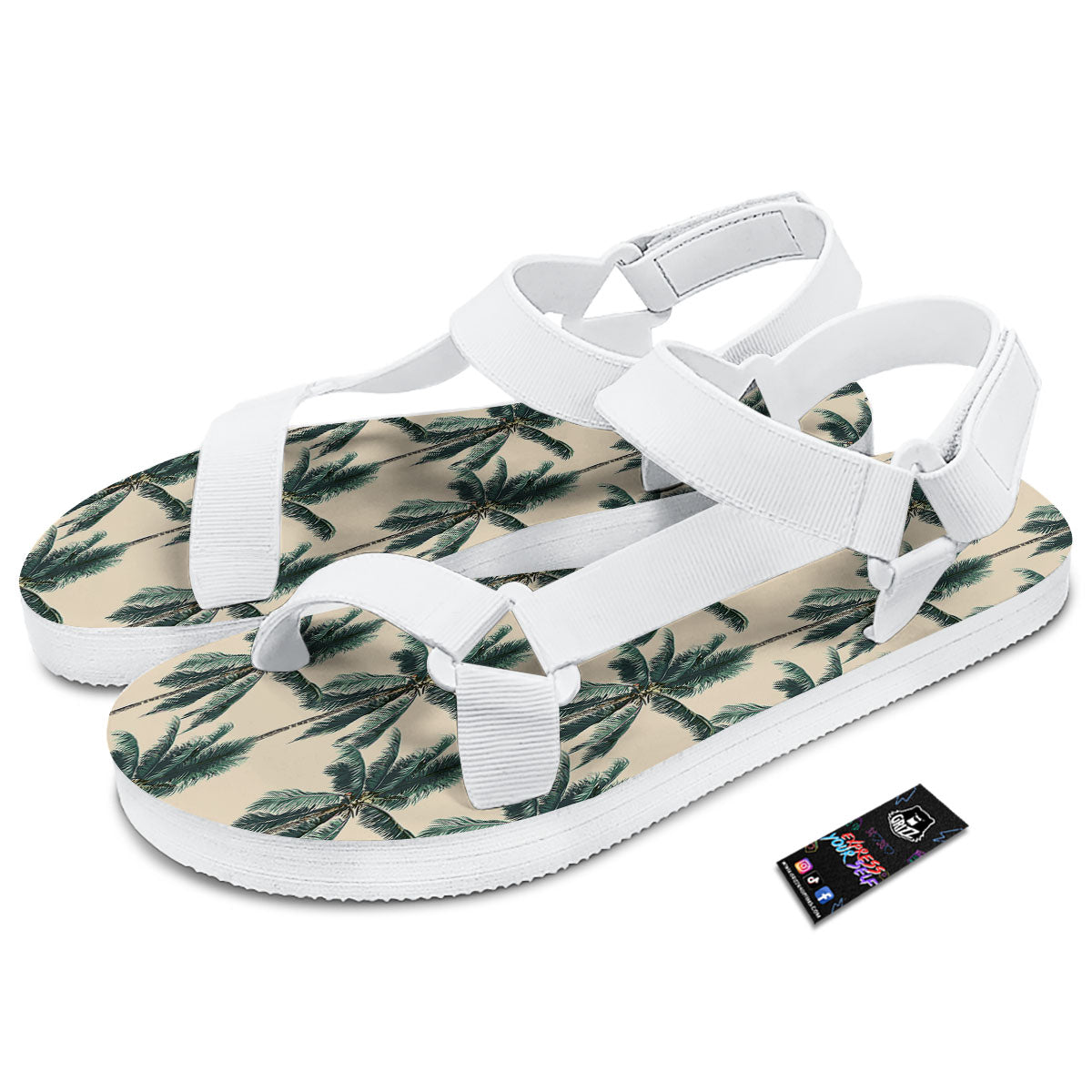 Palm Tree Tropical Print Pattern White Open Toe Sandals-grizzshop