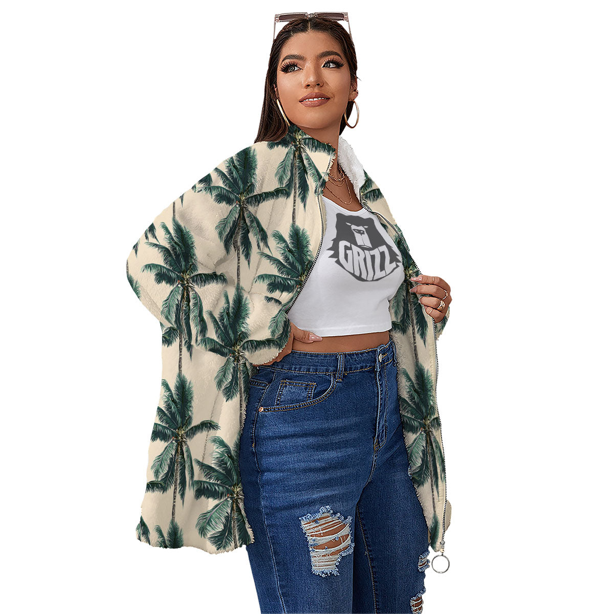 Palm Tree Tropical Print Pattern Women's Sherpa Jacket-grizzshop