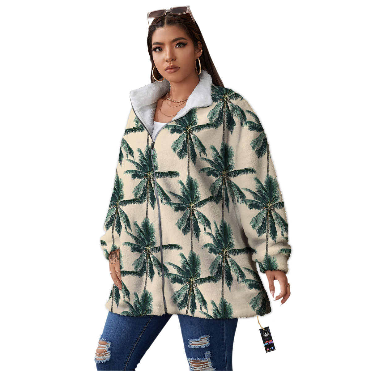 Palm Tree Tropical Print Pattern Women's Sherpa Jacket-grizzshop
