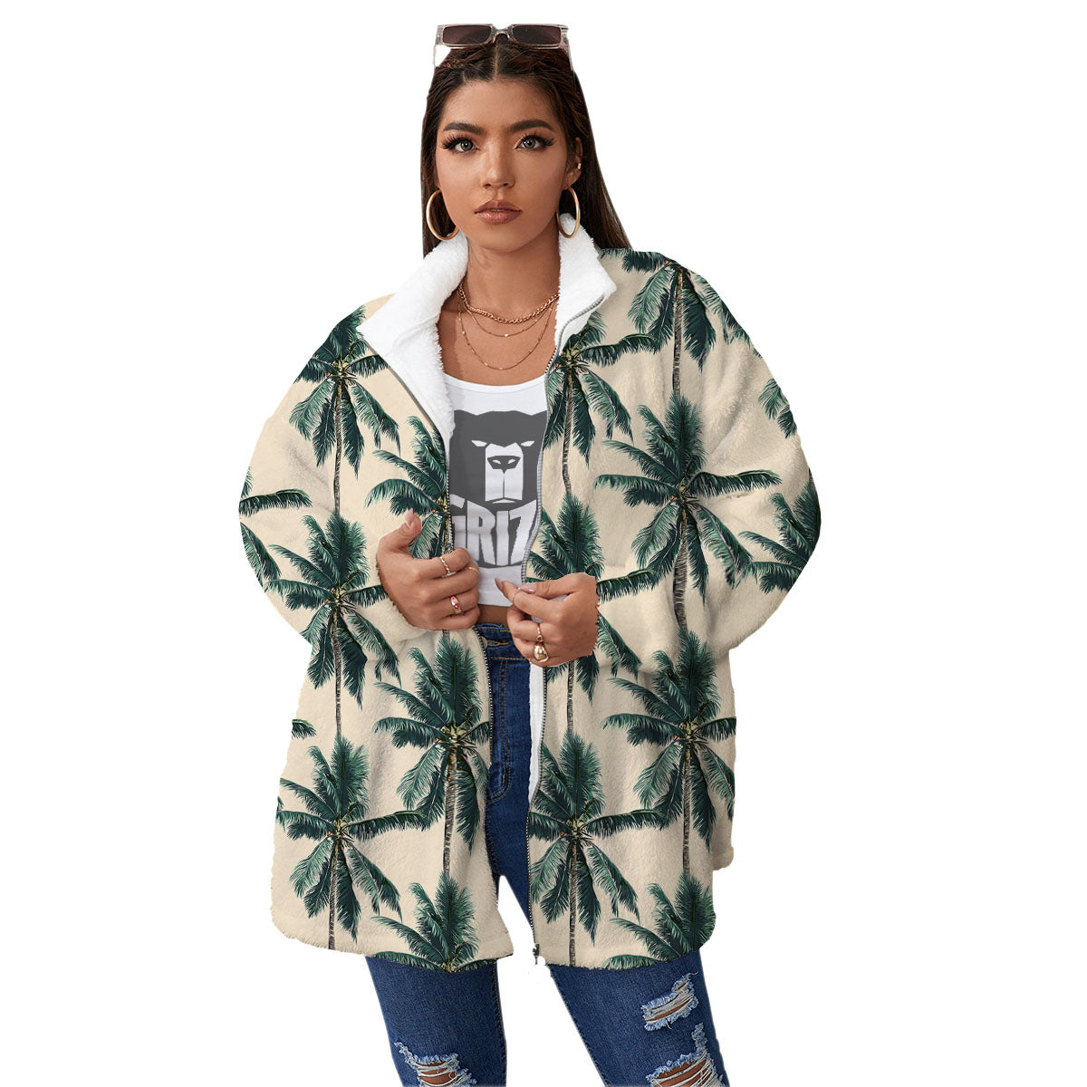 Palm Tree Tropical Print Pattern Women's Sherpa Jacket-grizzshop