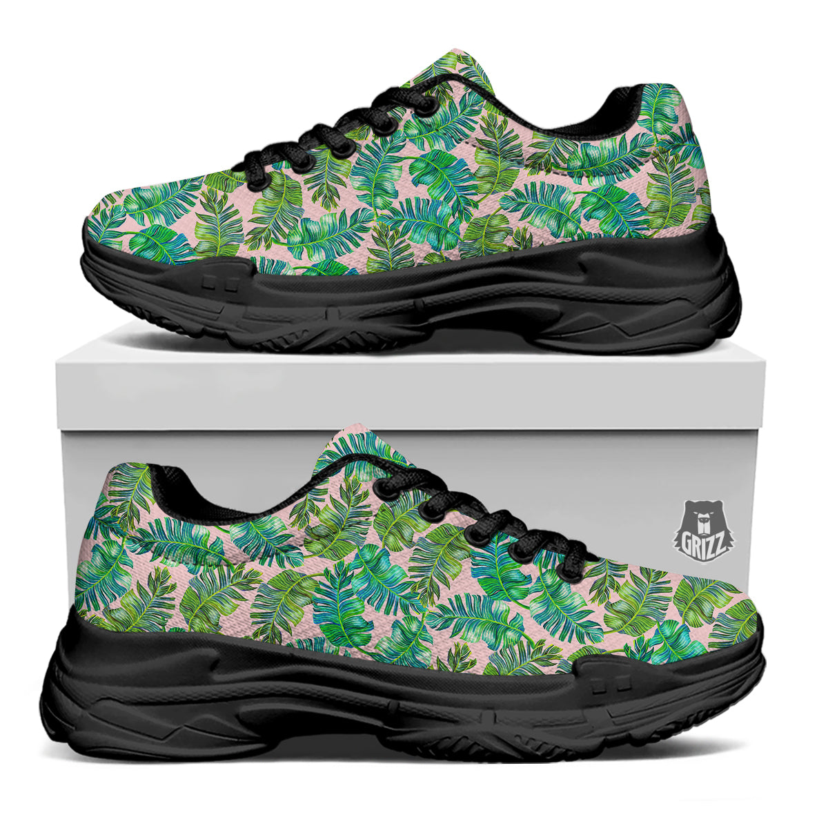 Palm Tree Vintage Print Pattern Black Chunky Shoes-grizzshop