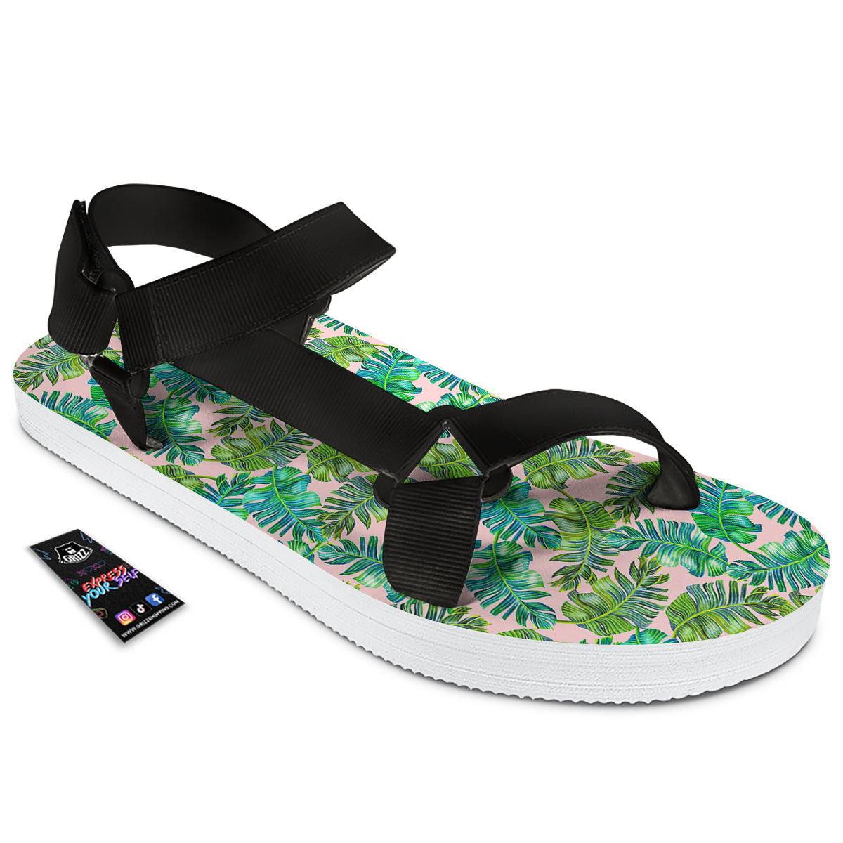 Palm Tree Vintage Print Pattern Black Open Toe Sandals-grizzshop
