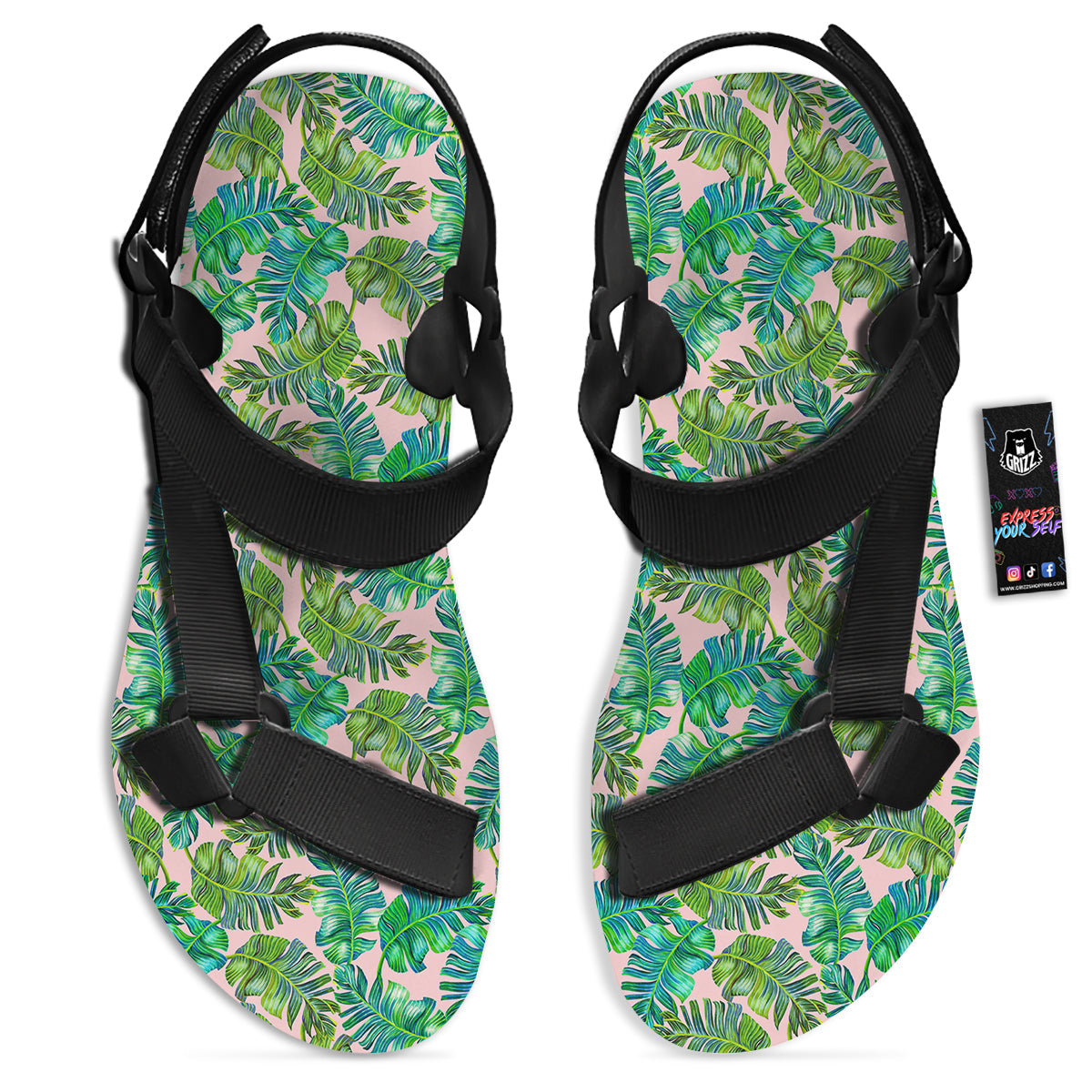Palm Tree Vintage Print Pattern Black Open Toe Sandals-grizzshop