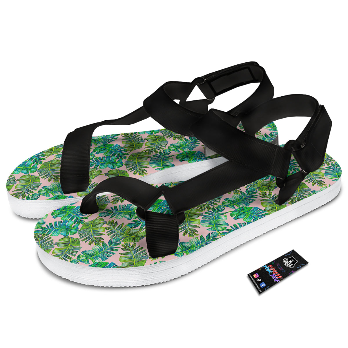 Palm Tree Vintage Print Pattern Black Open Toe Sandals-grizzshop
