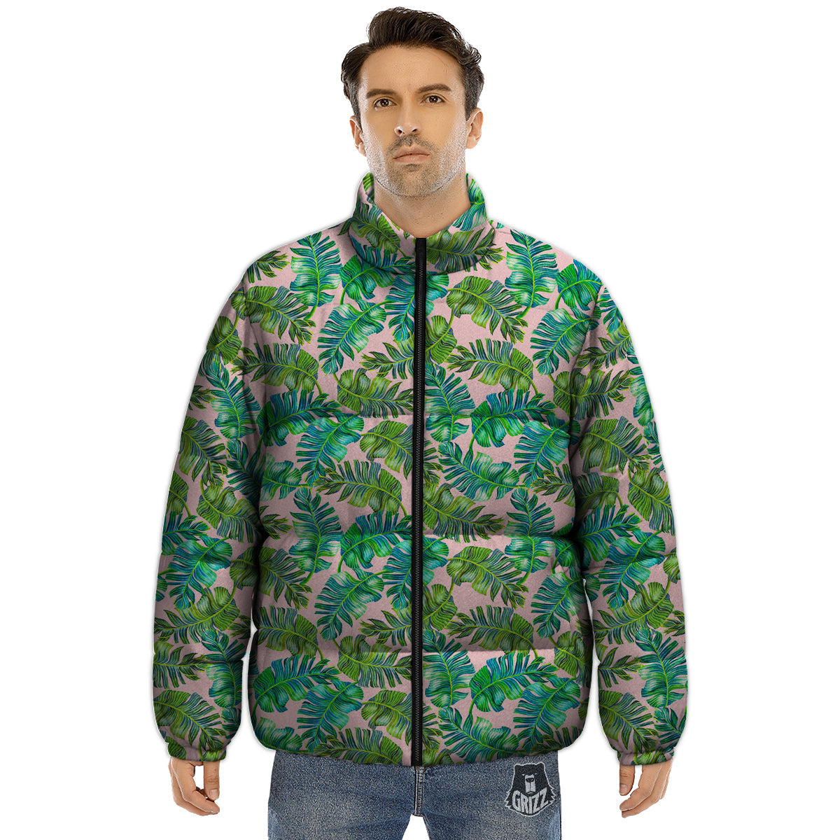 Palm Tree Vintage Print Pattern Puffer Jacket-grizzshop