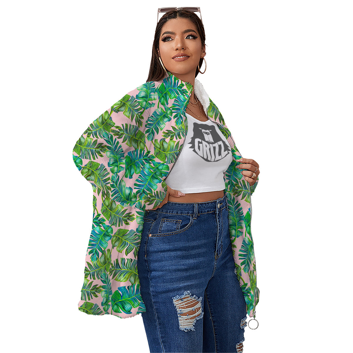 Palm Tree Vintage Print Pattern Women's Sherpa Jacket-grizzshop