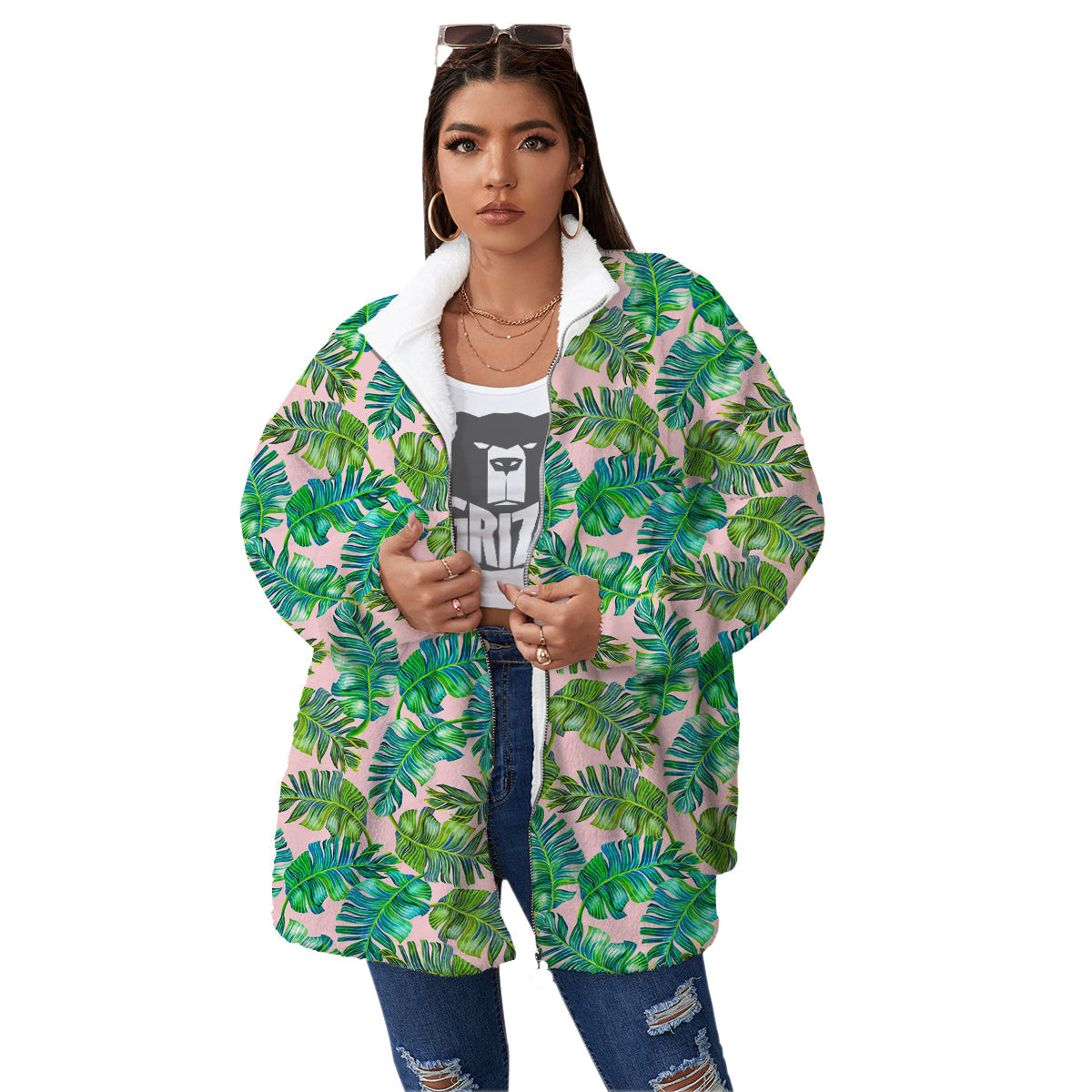 Palm Tree Vintage Print Pattern Women's Sherpa Jacket-grizzshop