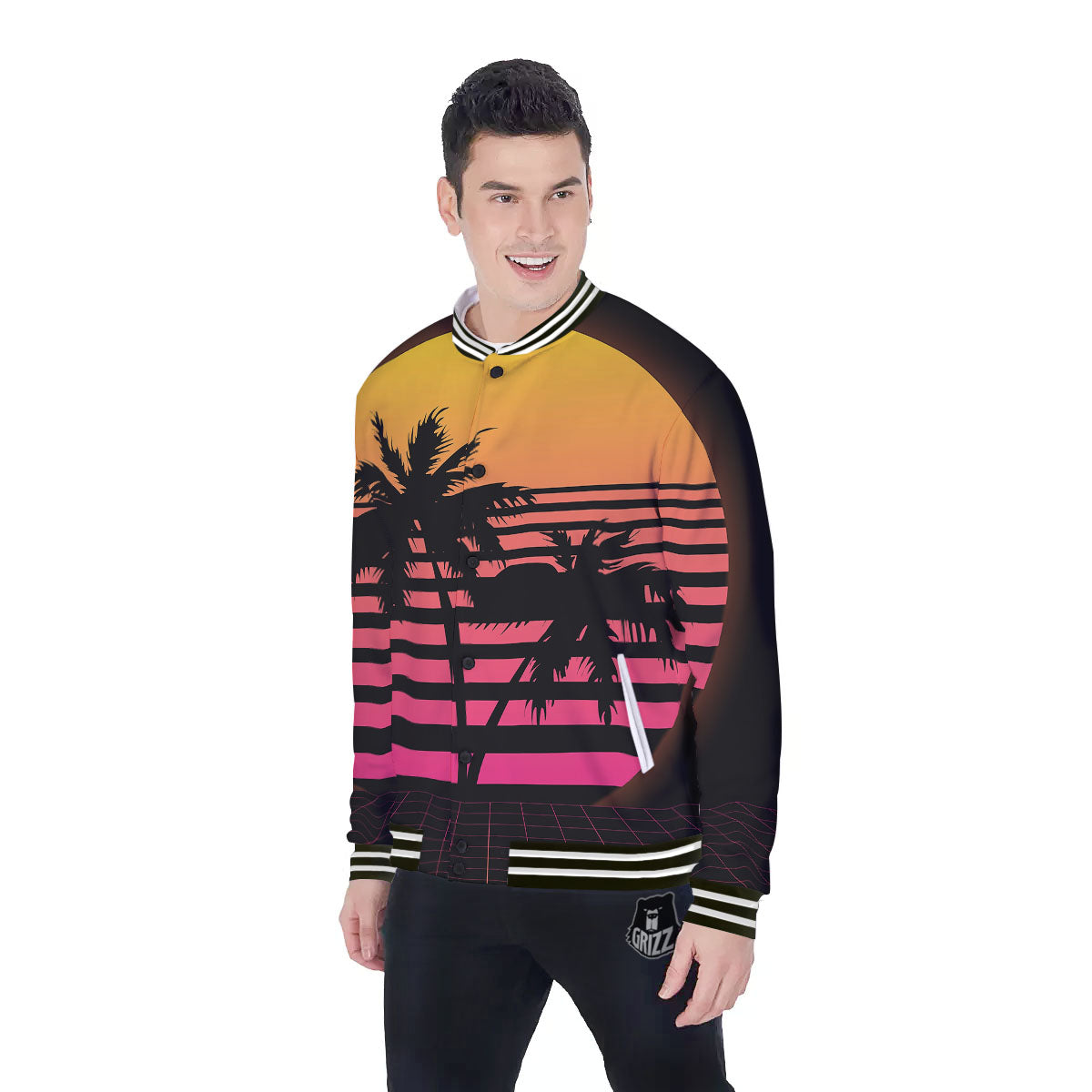 Palm Trees And Night Sunset Sky Print Baseball Jacket-grizzshop