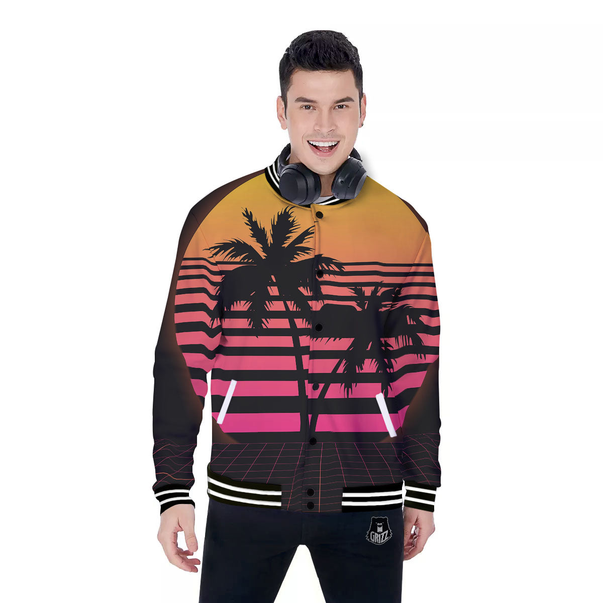 Palm Trees And Night Sunset Sky Print Baseball Jacket-grizzshop