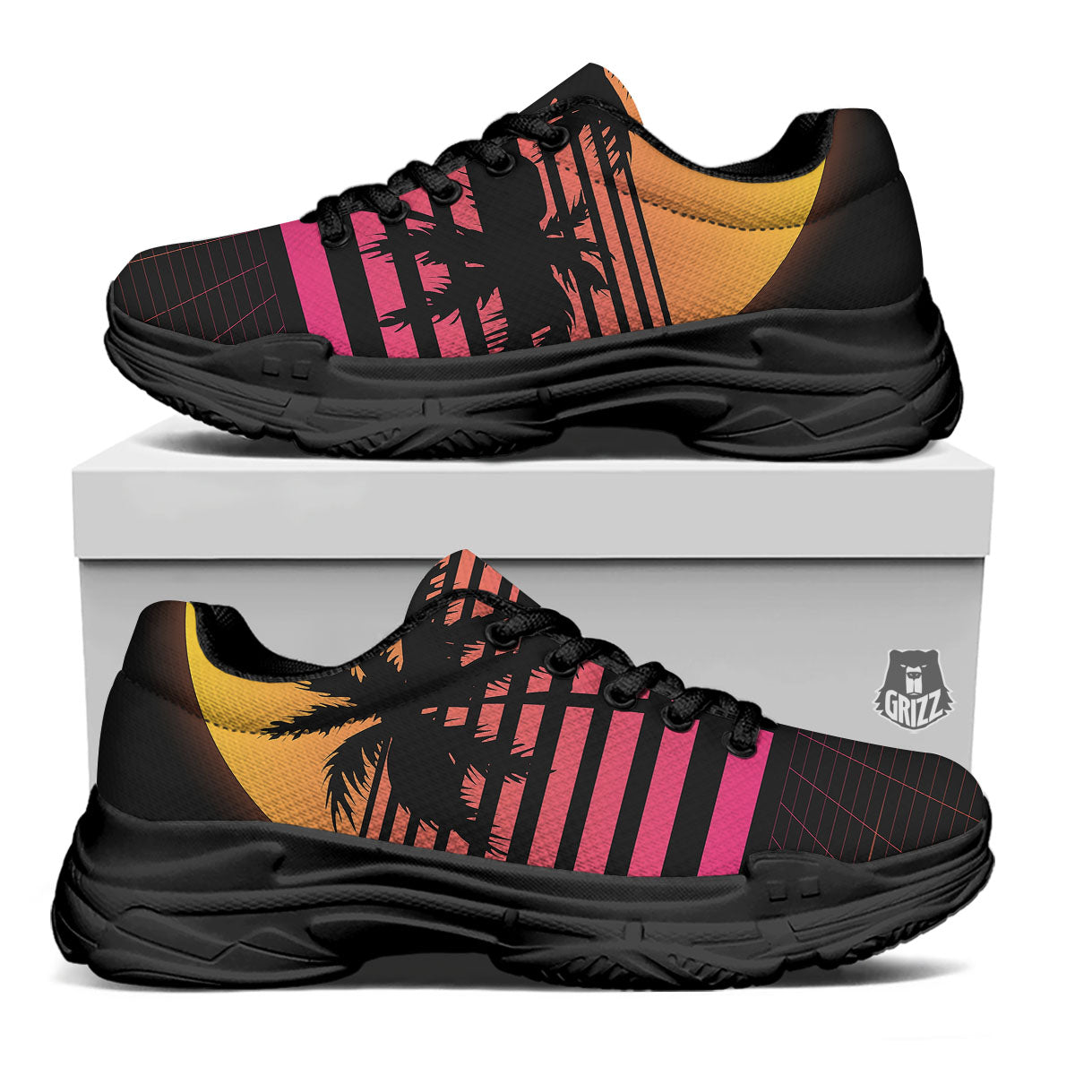 Palm Trees And Night Sunset Sky Print Black Chunky Shoes-grizzshop