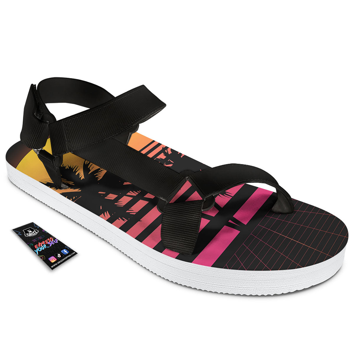 Palm Trees And Night Sunset Sky Print Black Open Toe Sandals-grizzshop
