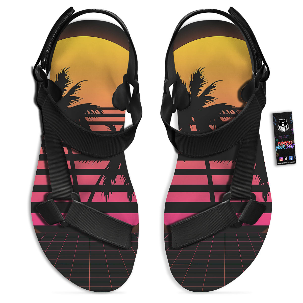 Palm Trees And Night Sunset Sky Print Black Open Toe Sandals-grizzshop