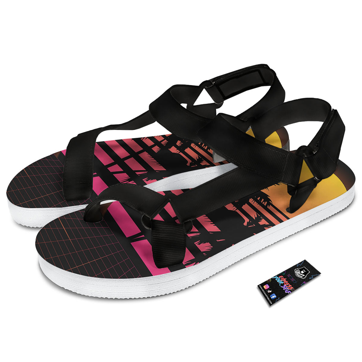 Palm Trees And Night Sunset Sky Print Black Open Toe Sandals-grizzshop