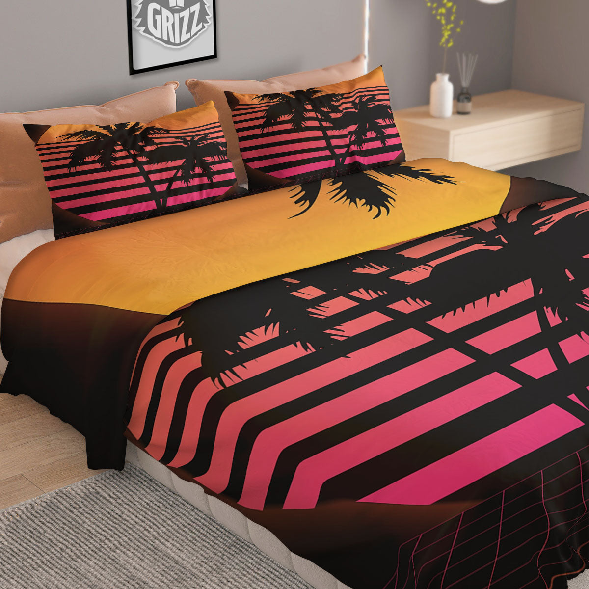 Palm Trees And Night Sunset Sky Print Duvet Cover Bedding Set