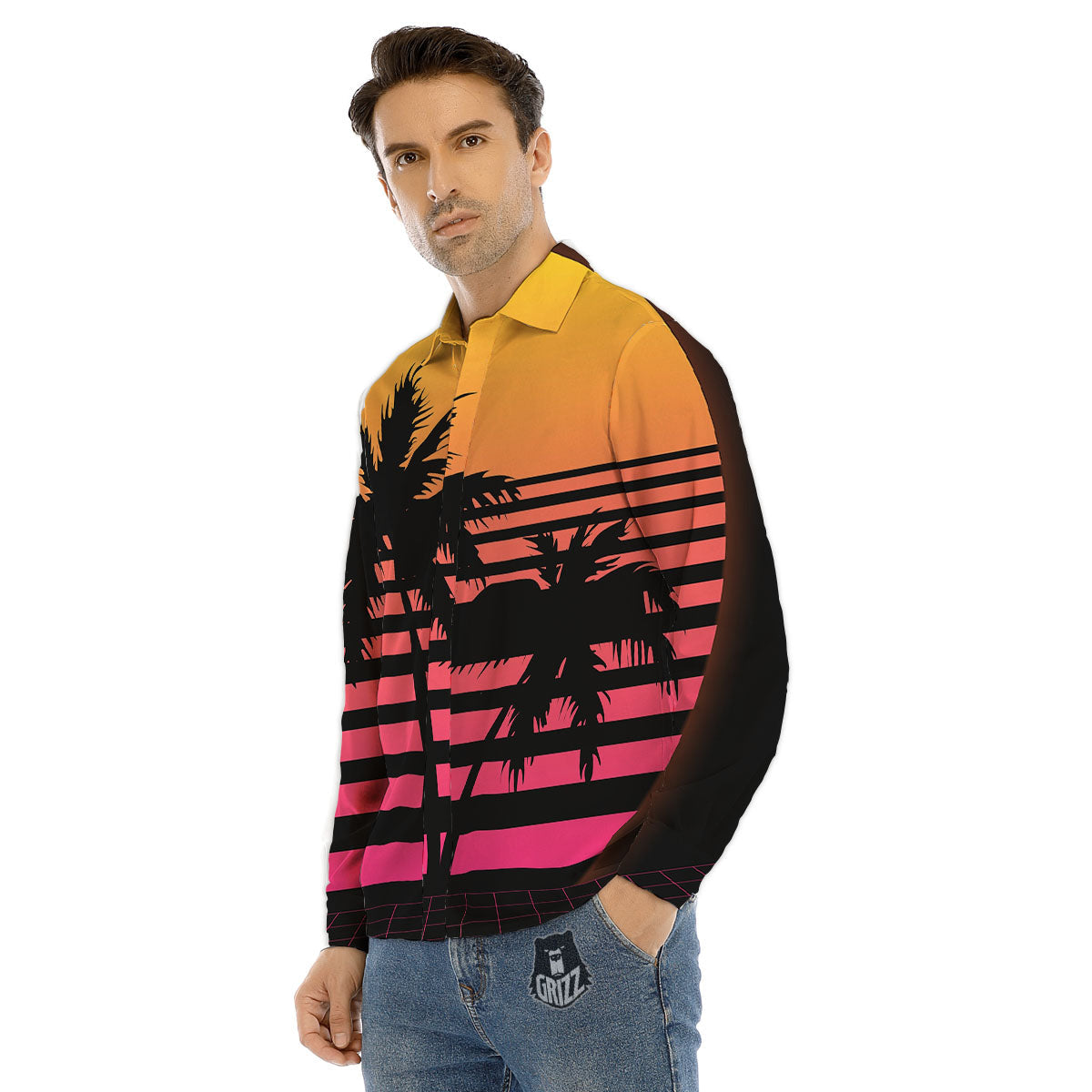 Palm Trees And Night Sunset Sky Print Men's Dress Shirts-grizzshop