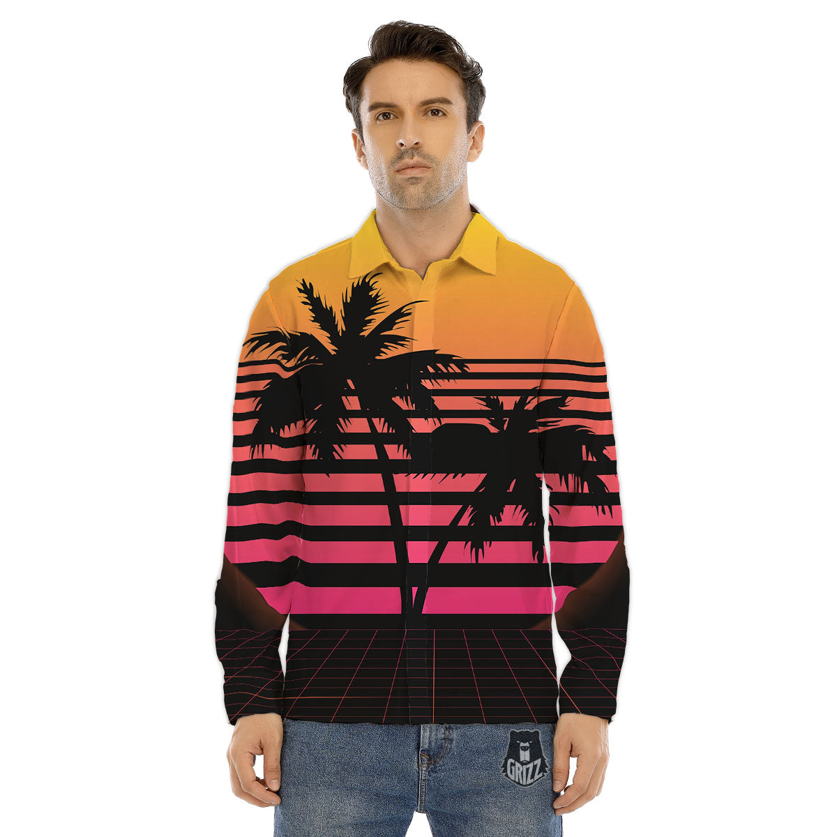Palm Trees And Night Sunset Sky Print Men's Dress Shirts-grizzshop