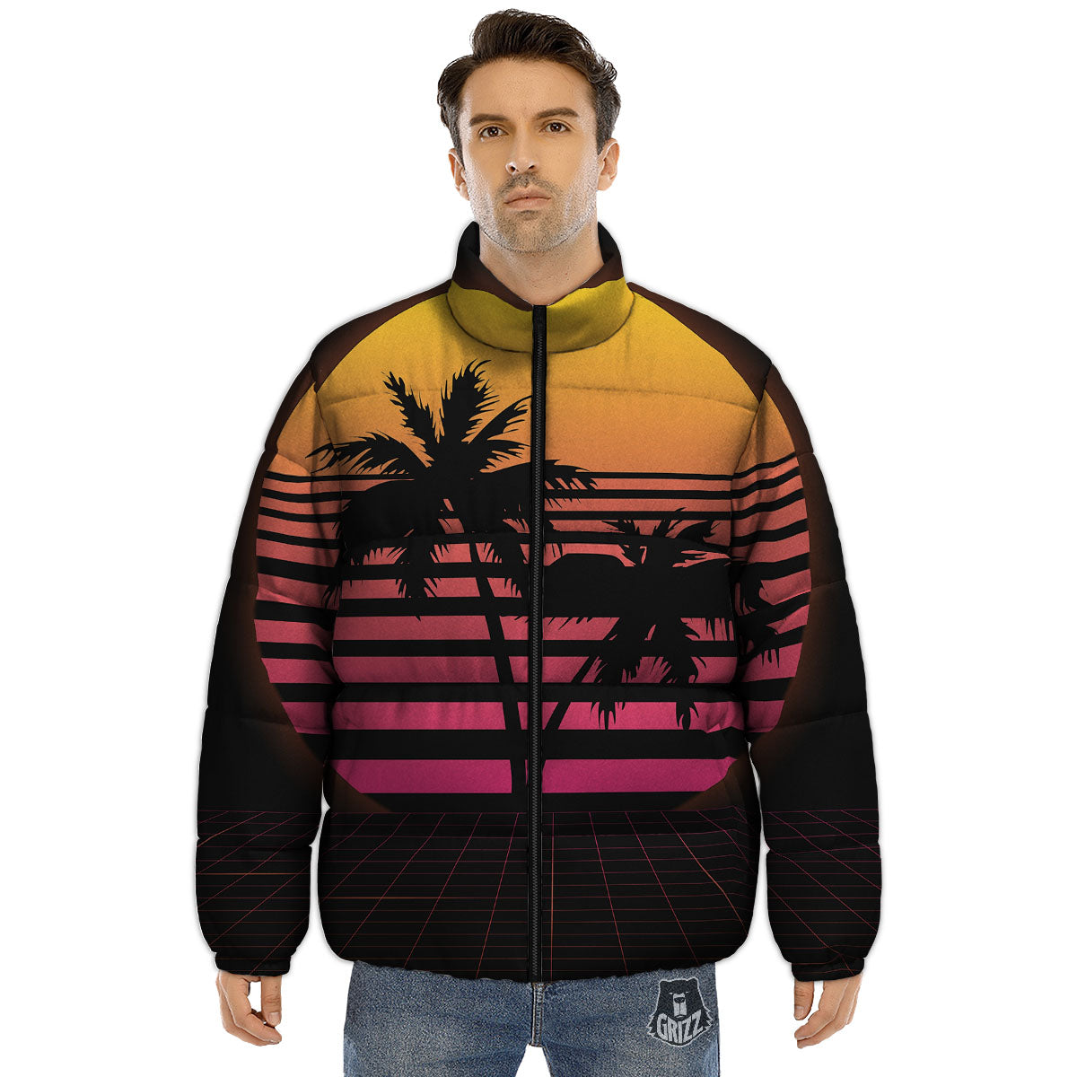 Palm Trees And Night Sunset Sky Print Puffer Jacket-grizzshop