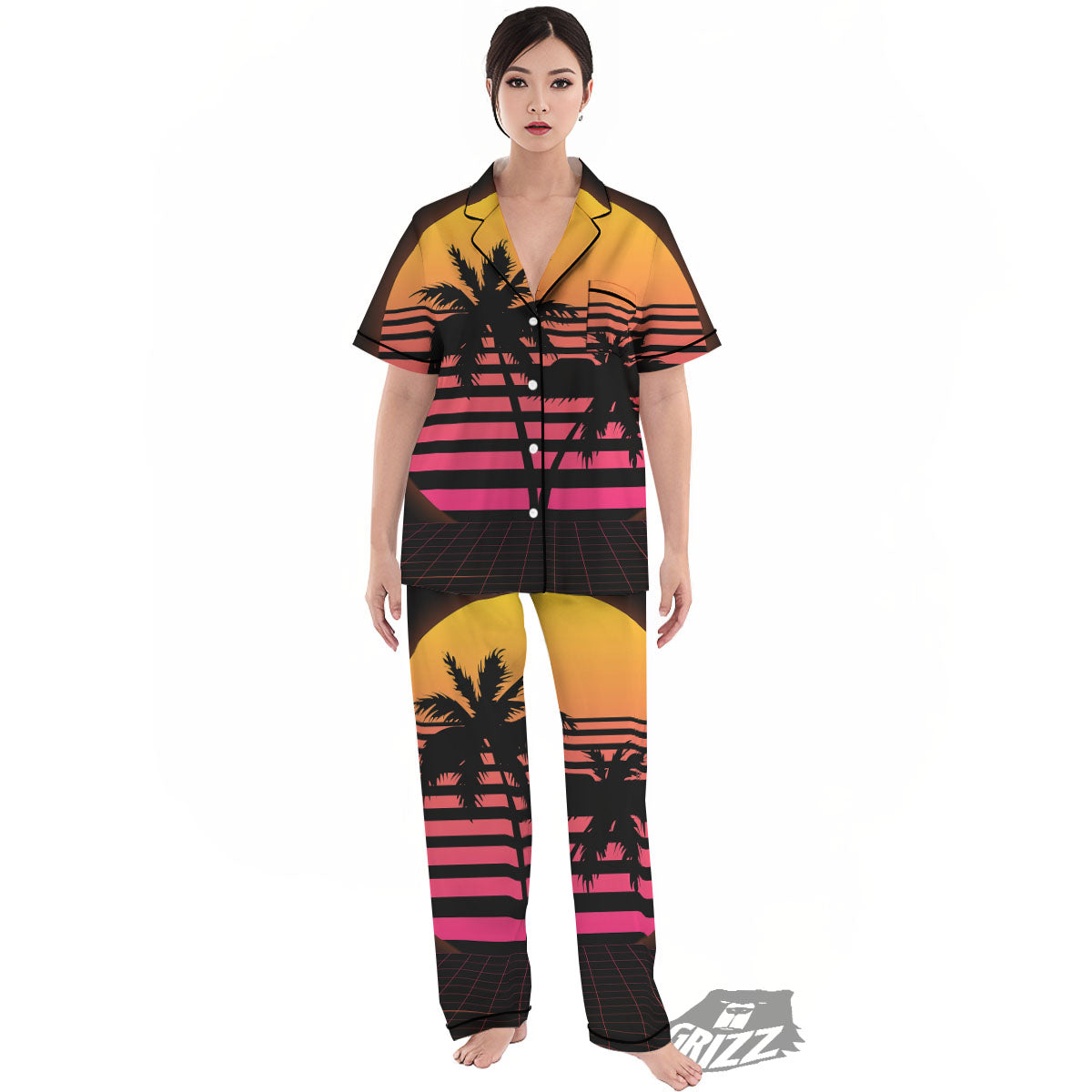 Palm Trees And Night Sunset Sky Print Women's Pajamas Set-grizzshop
