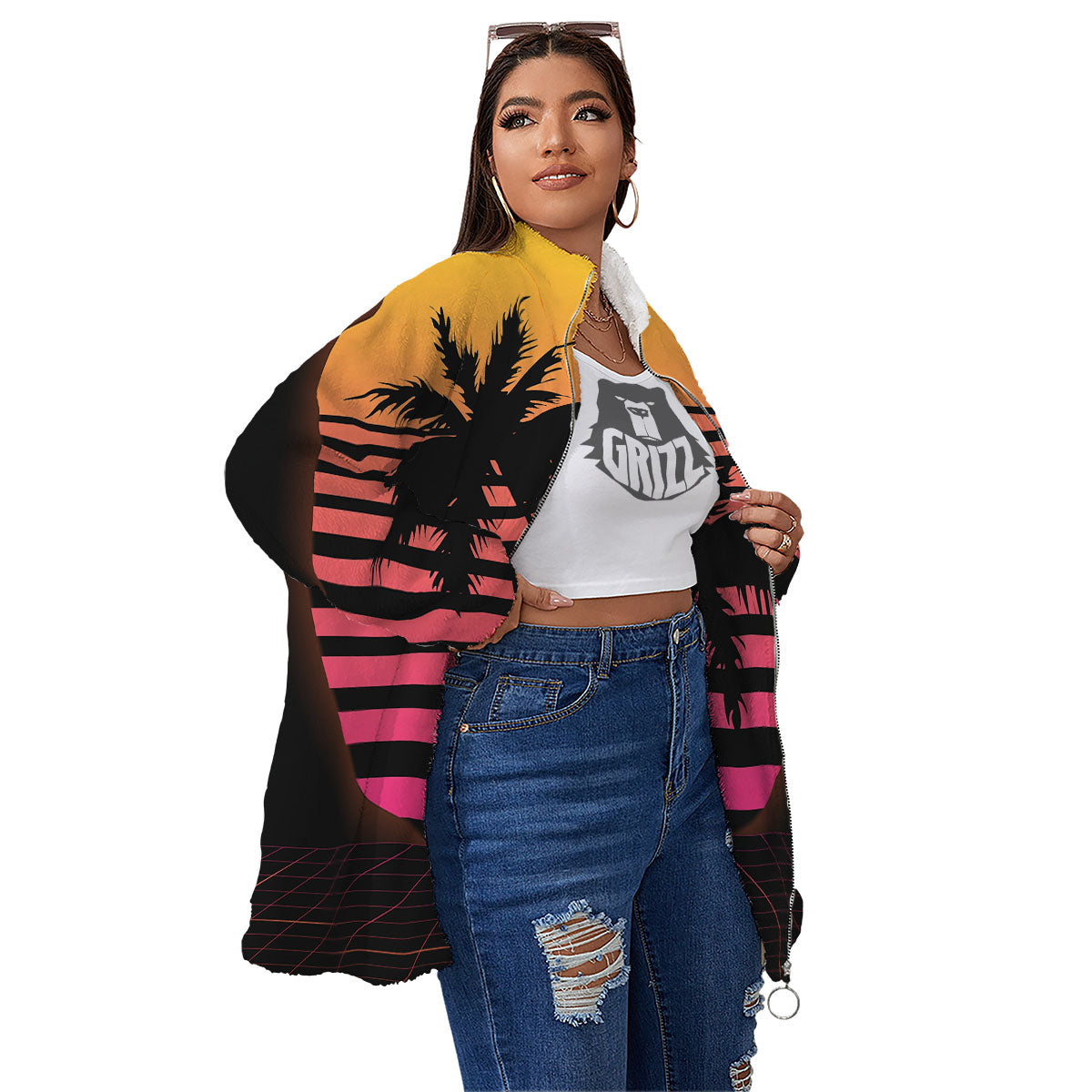 Palm Trees And Night Sunset Sky Print Women's Sherpa Jacket-grizzshop