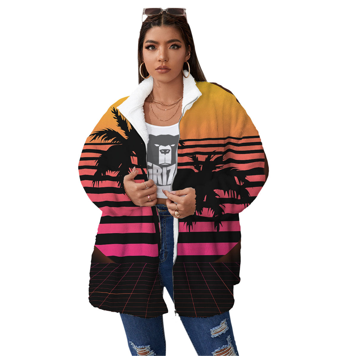 Palm Trees And Night Sunset Sky Print Women's Sherpa Jacket-grizzshop