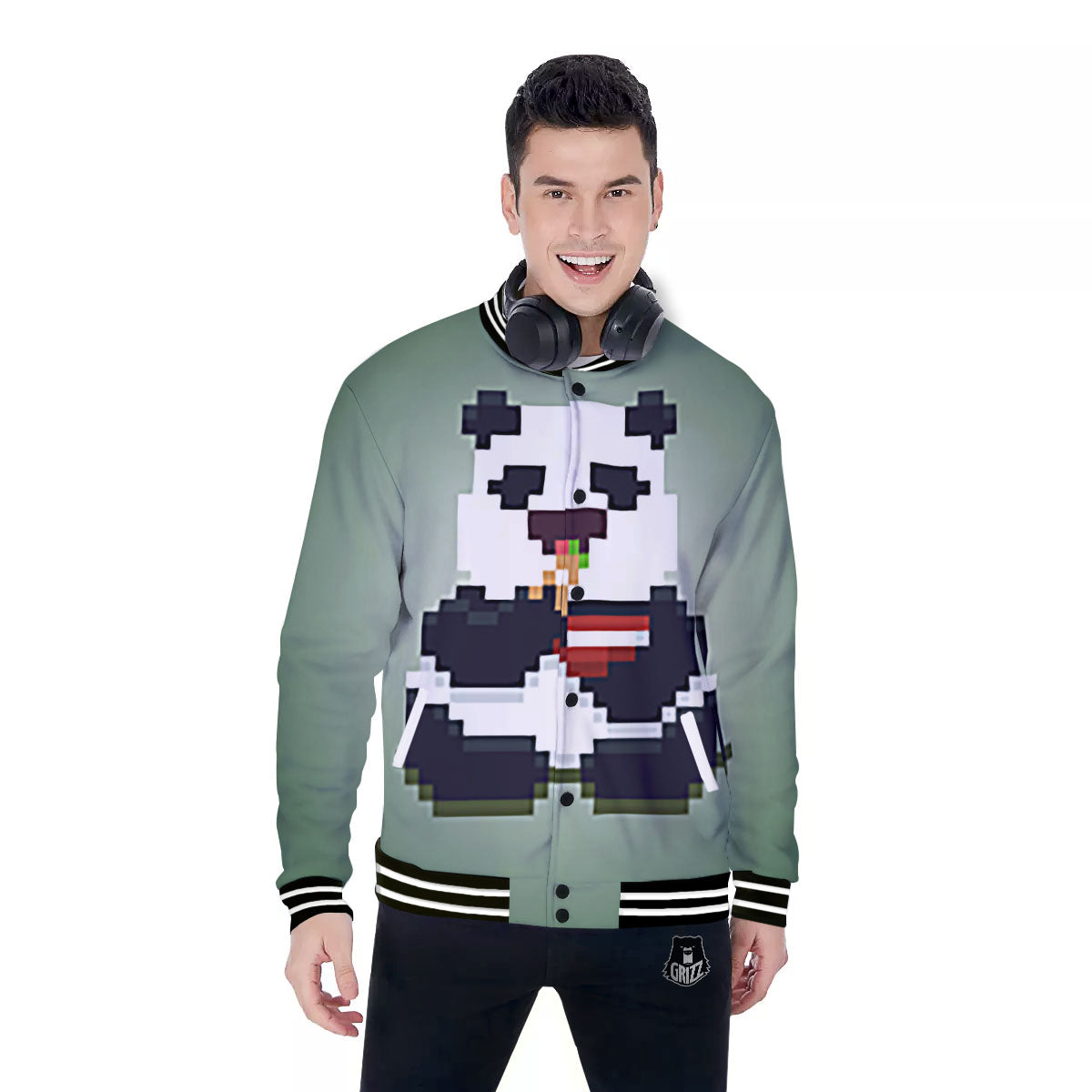 Panda 8-Bit Pixel Print Baseball Jacket-grizzshop