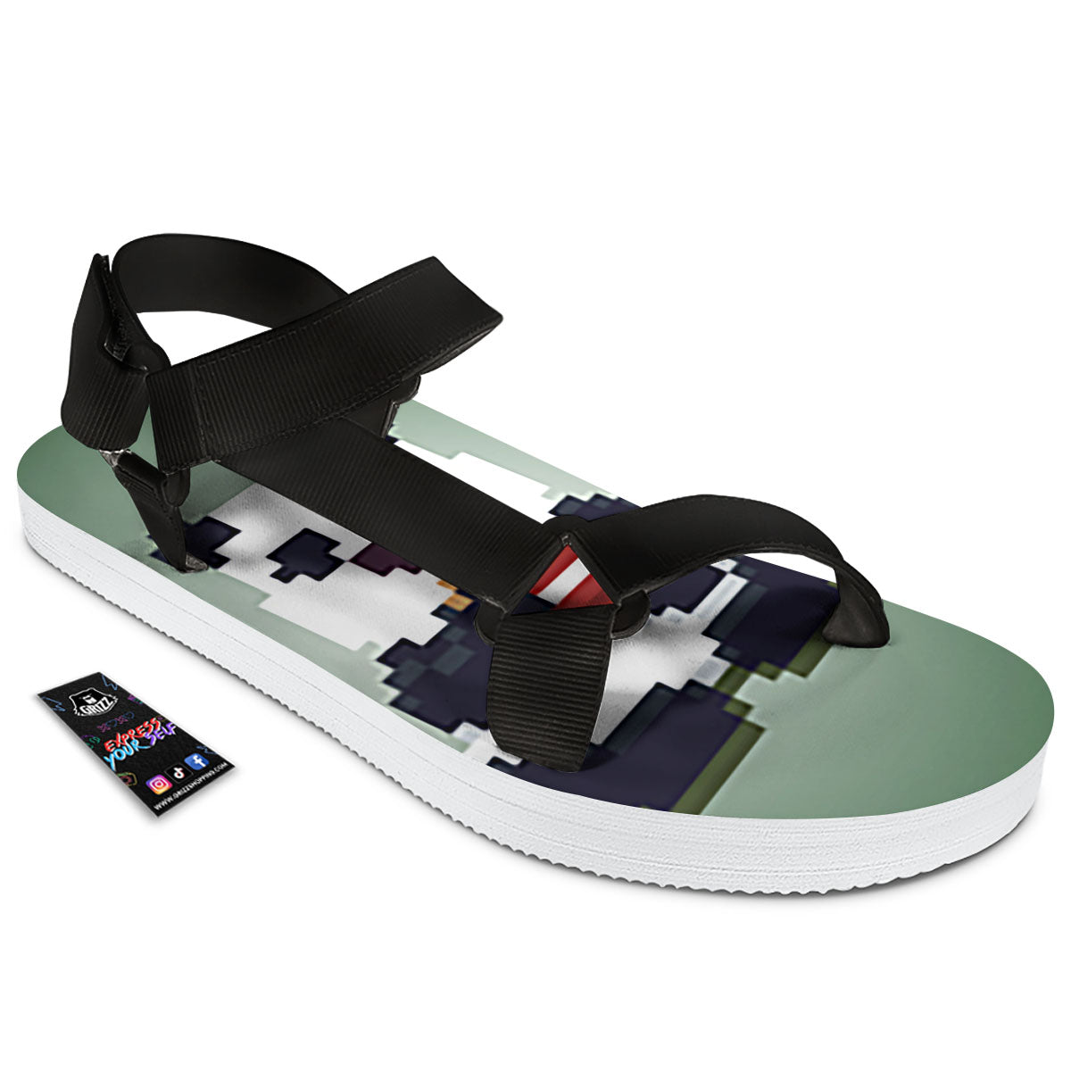 Panda 8-Bit Pixel Print Black Open Toe Sandals-grizzshop