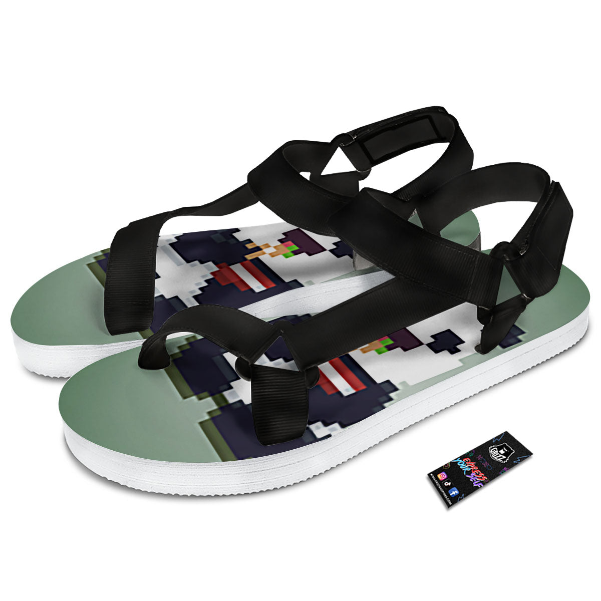 Panda 8-Bit Pixel Print Black Open Toe Sandals-grizzshop