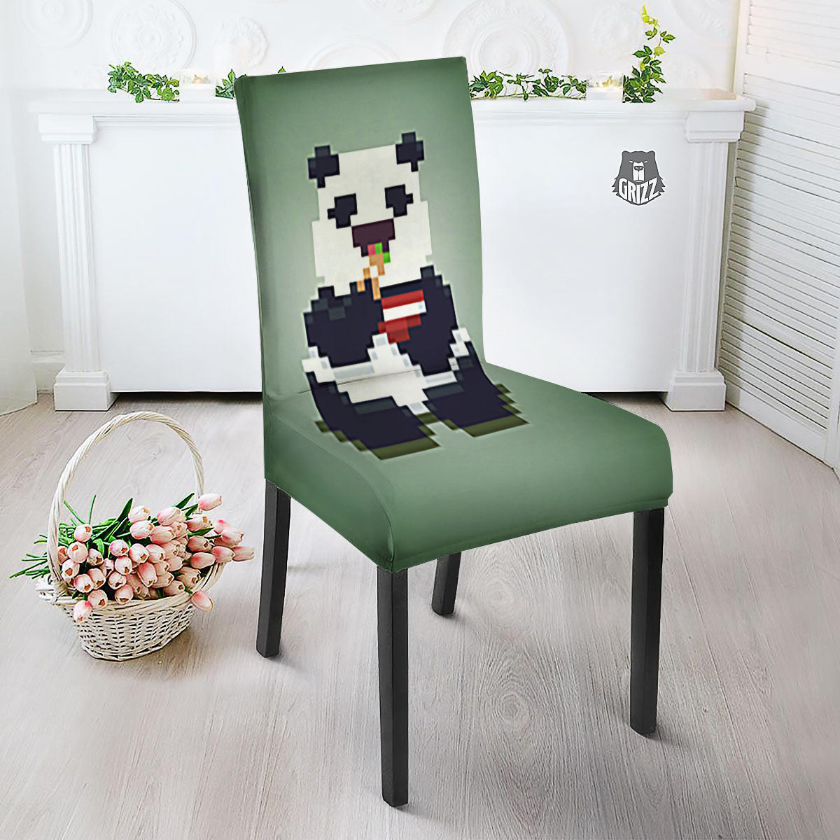 Panda 8-Bit Pixel Print Dining Chair Slipcover-grizzshop