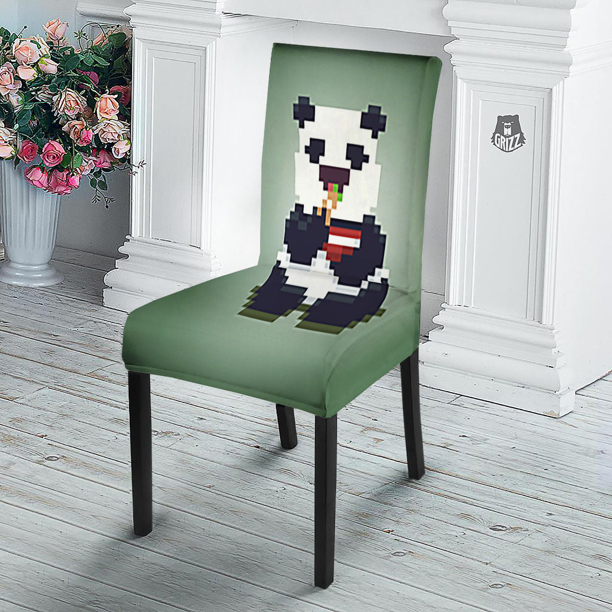Panda 8-Bit Pixel Print Dining Chair Slipcover-grizzshop