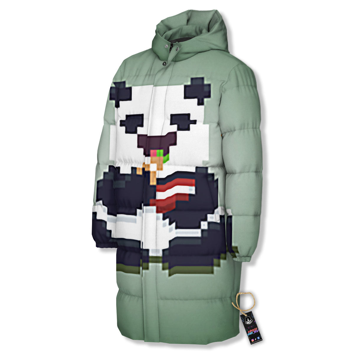 Panda 8-Bit Pixel Print Long Down Jacket-grizzshop