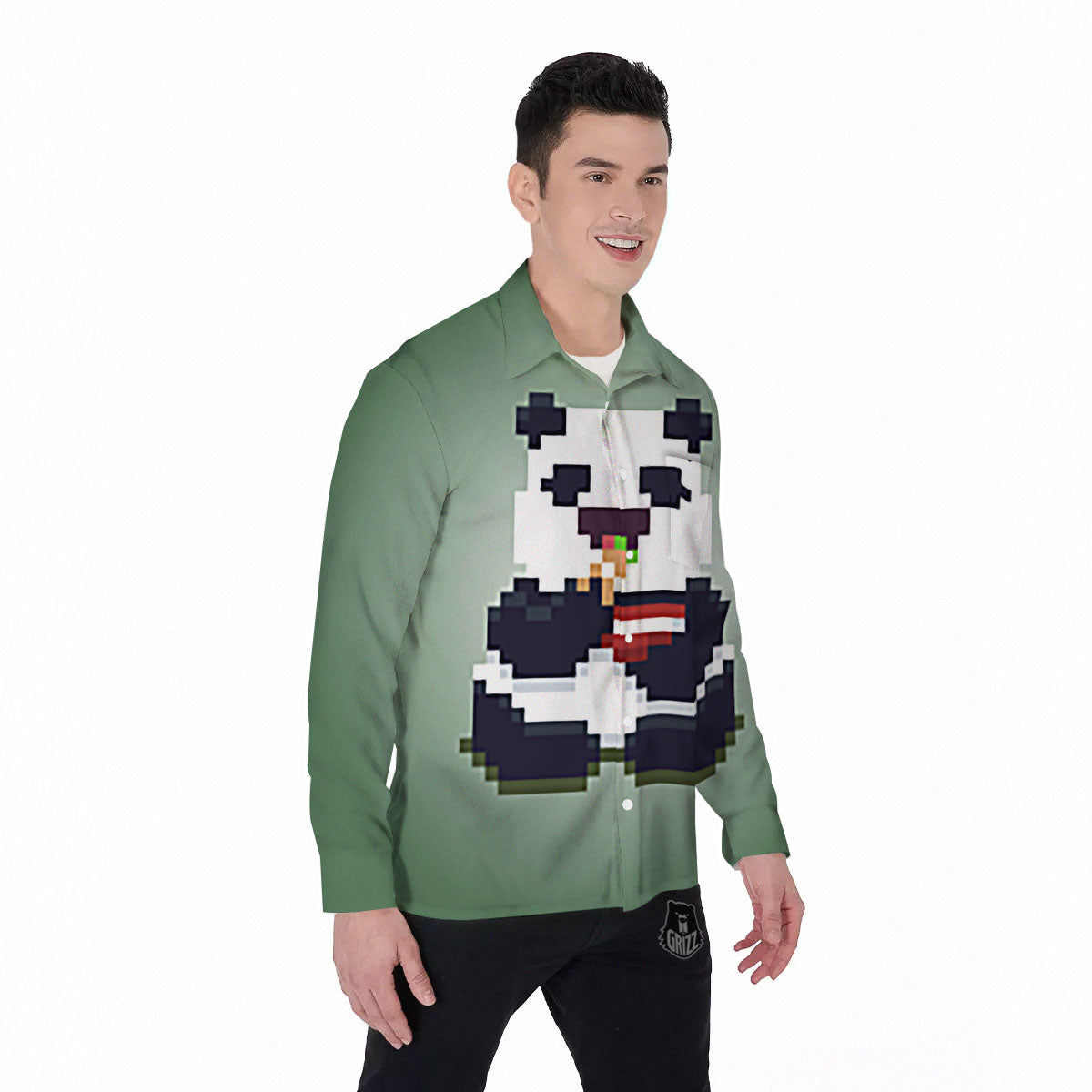 Panda 8-Bit Pixel Print Men's Long Sleeve Shirts-grizzshop