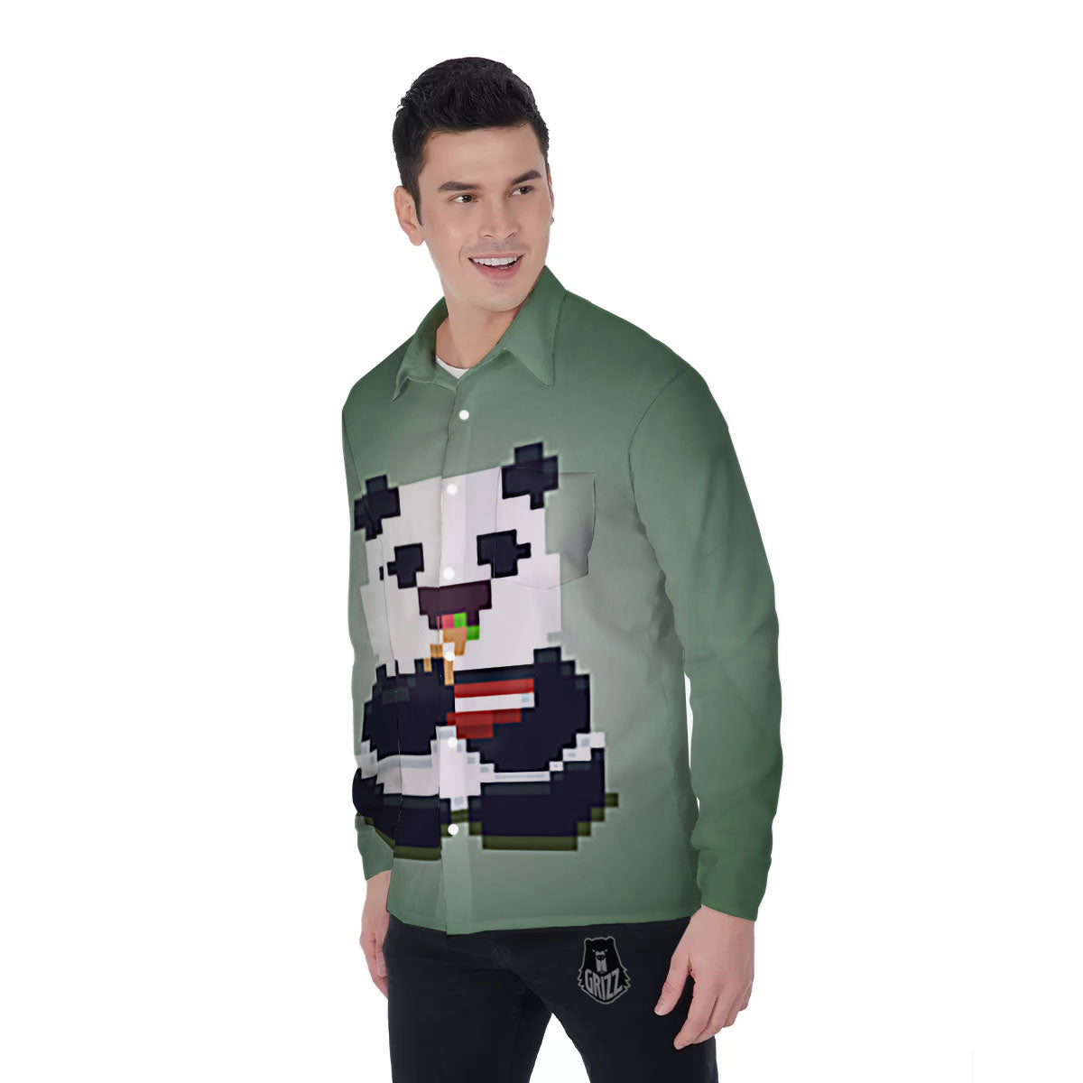 Panda 8-Bit Pixel Print Men's Long Sleeve Shirts-grizzshop