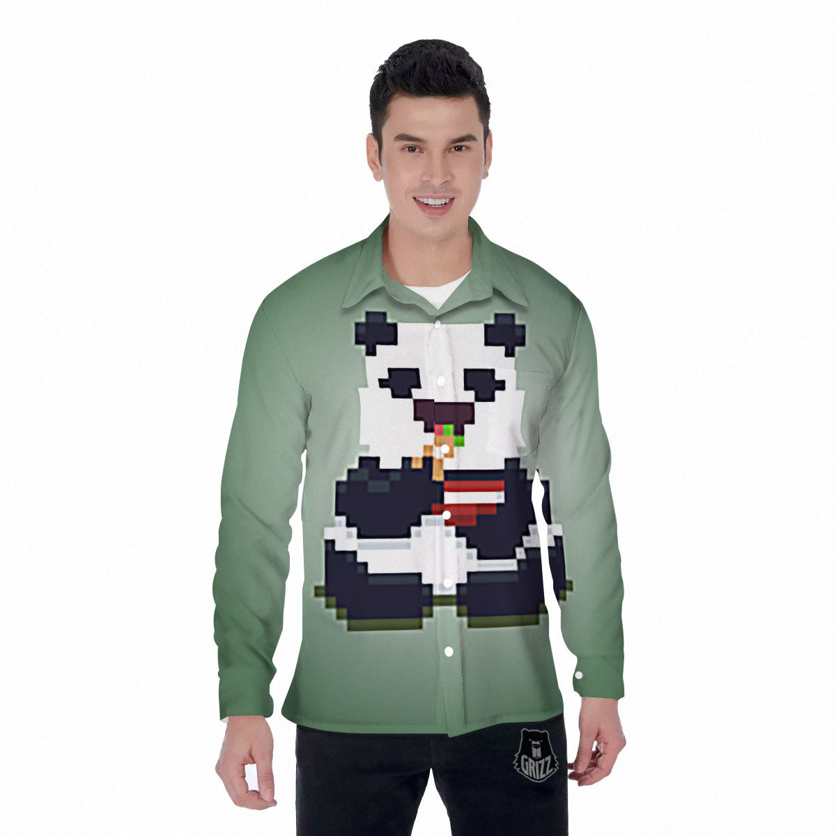 Panda 8-Bit Pixel Print Men's Long Sleeve Shirts-grizzshop