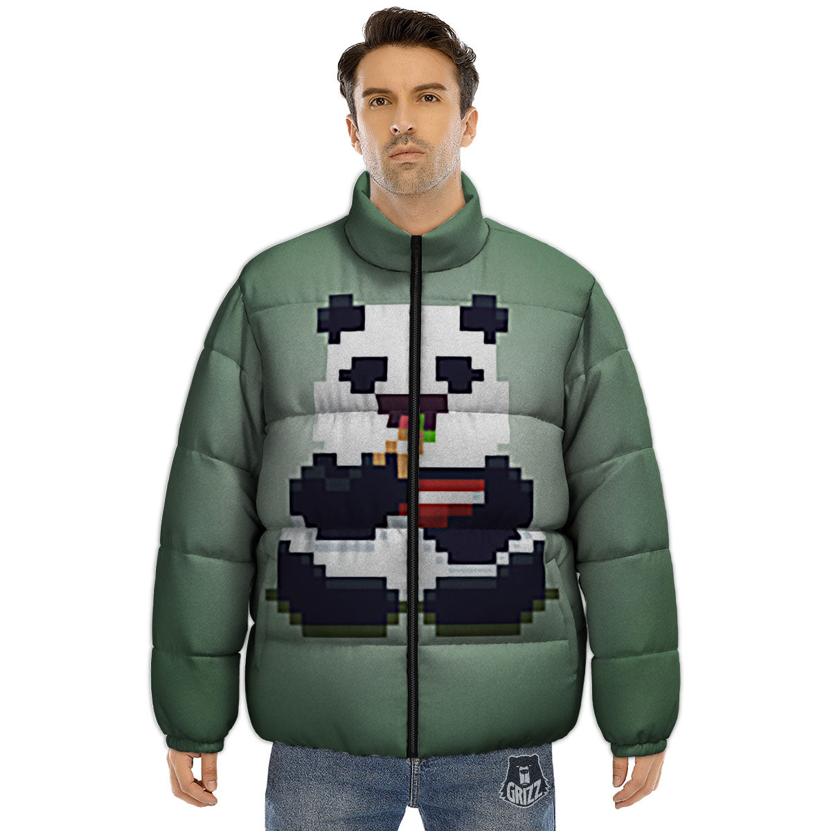 Panda 8-Bit Pixel Print Puffer Jacket-grizzshop