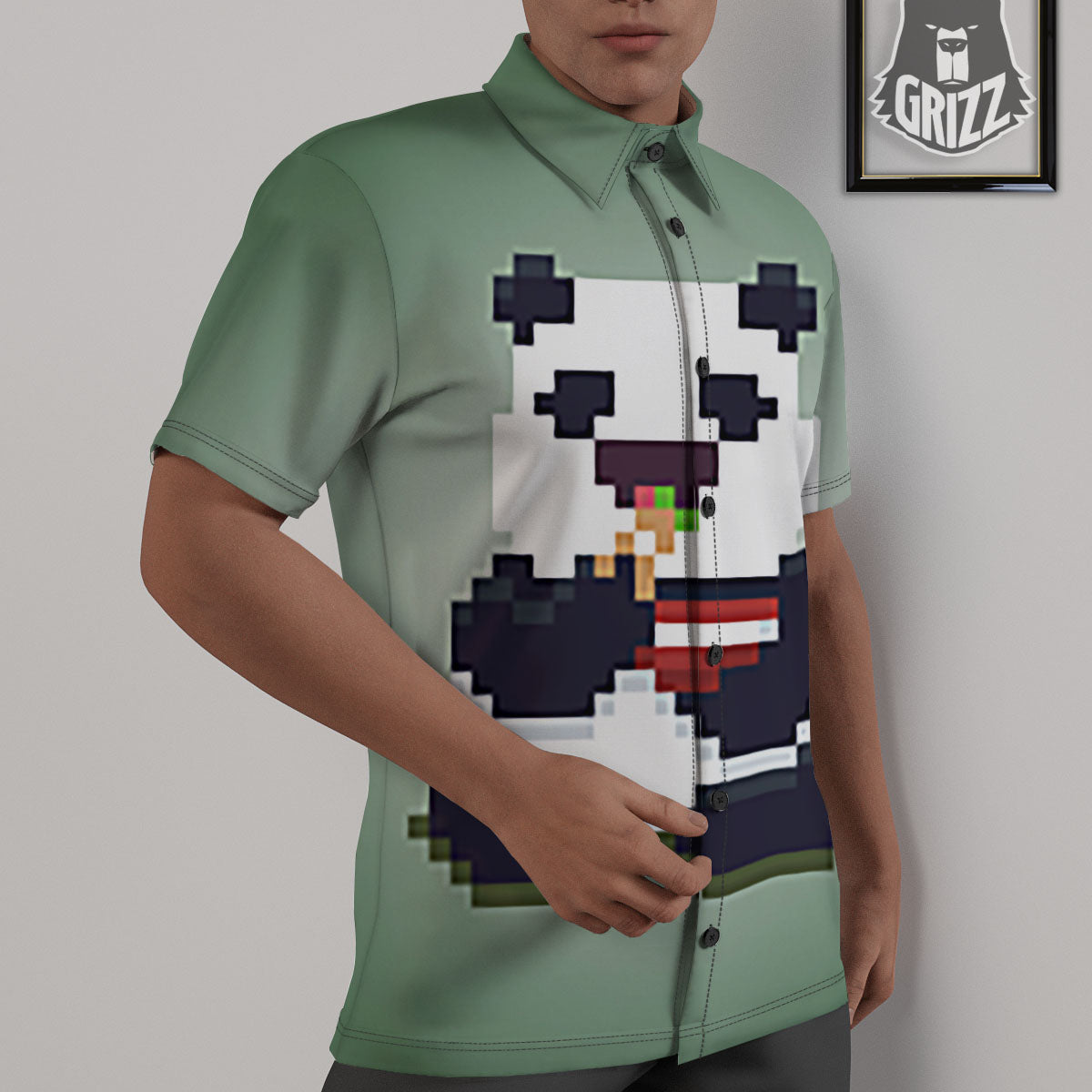 Panda 8-Bit Pixel Print Untucked Shirts-grizzshop