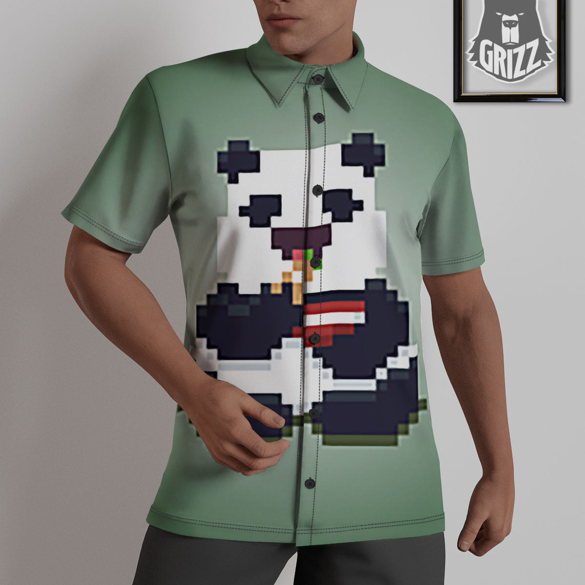 Panda 8-Bit Pixel Print Untucked Shirts-grizzshop