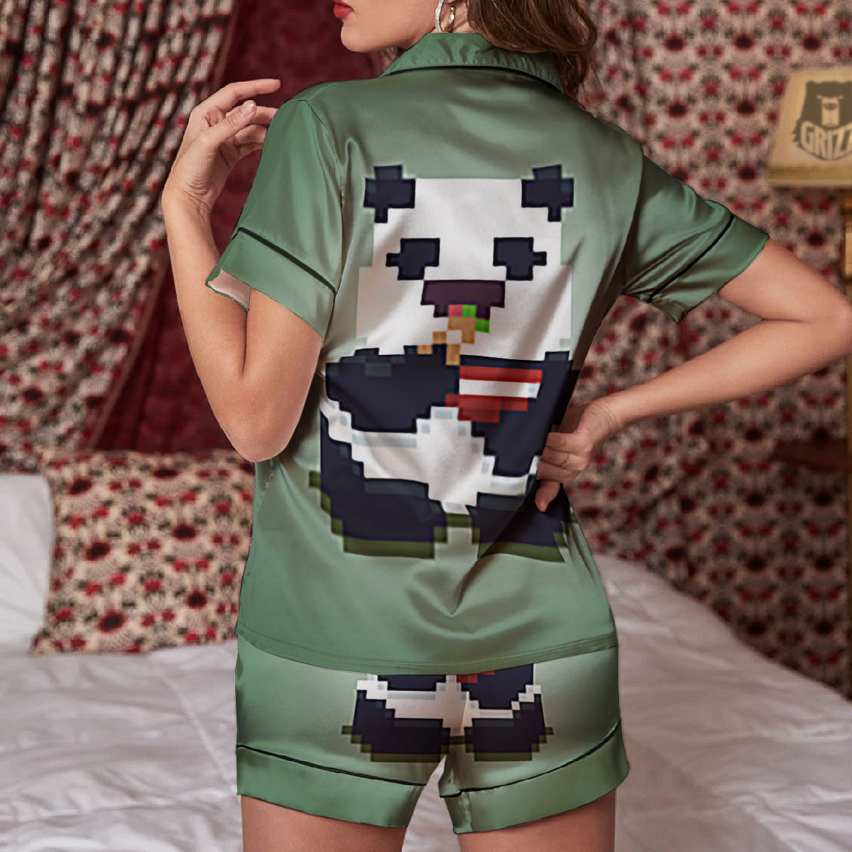 Panda 8-Bit Pixel Print Women Silk Pajamas-grizzshop