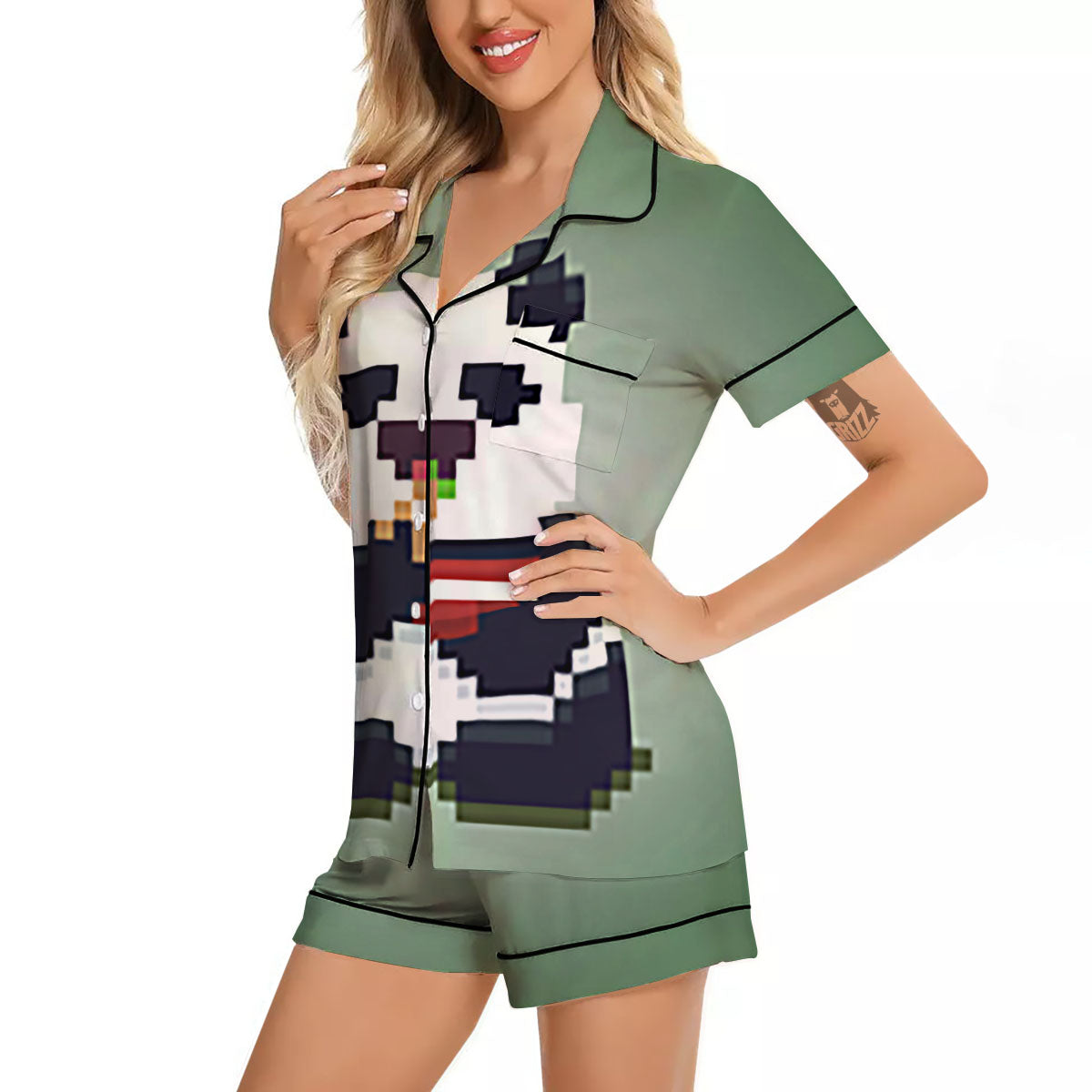 Panda 8-Bit Pixel Print Women Silk Pajamas-grizzshop