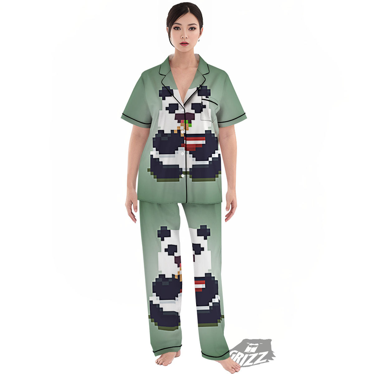 Panda 8-Bit Pixel Print Women's Pajamas Set-grizzshop