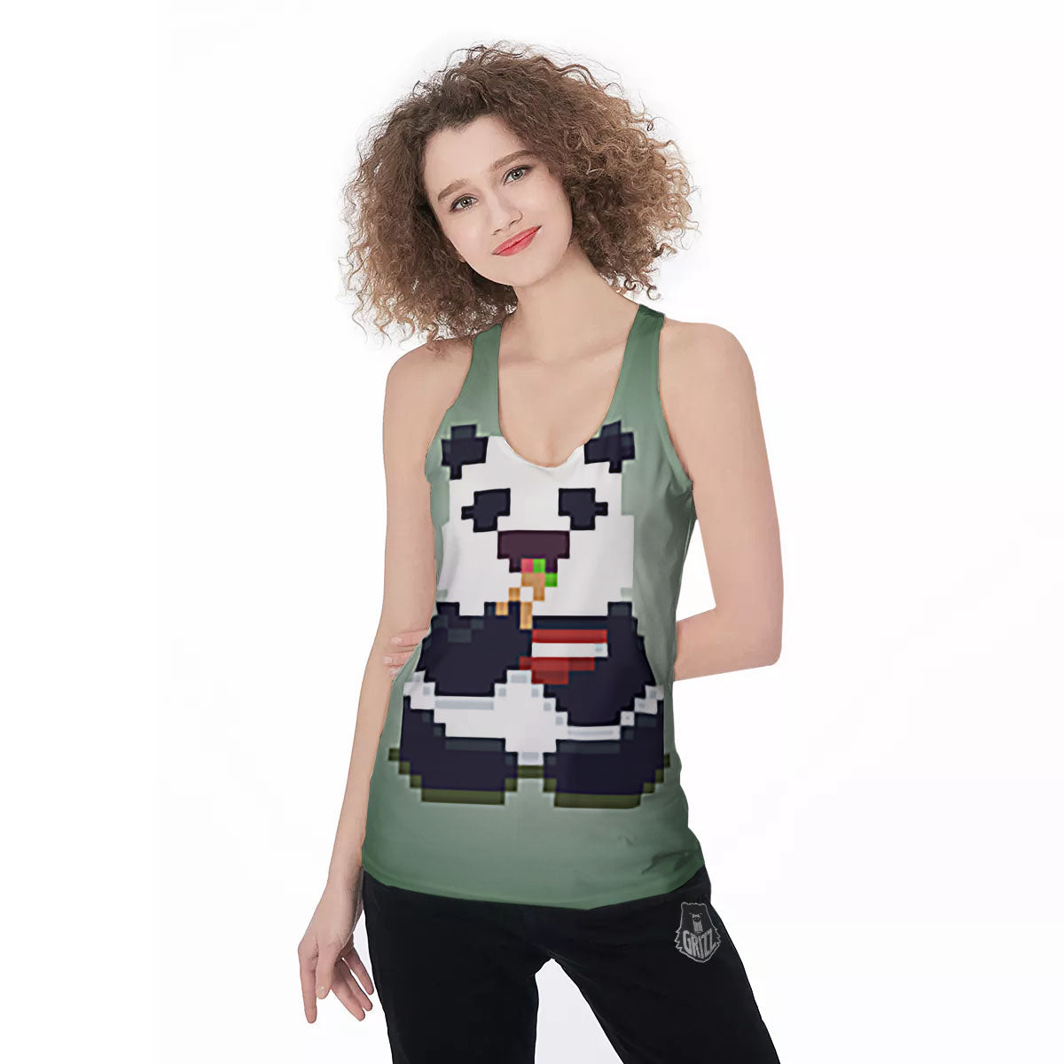 Panda 8-Bit Pixel Print Women's Racerback Tank Top-grizzshop