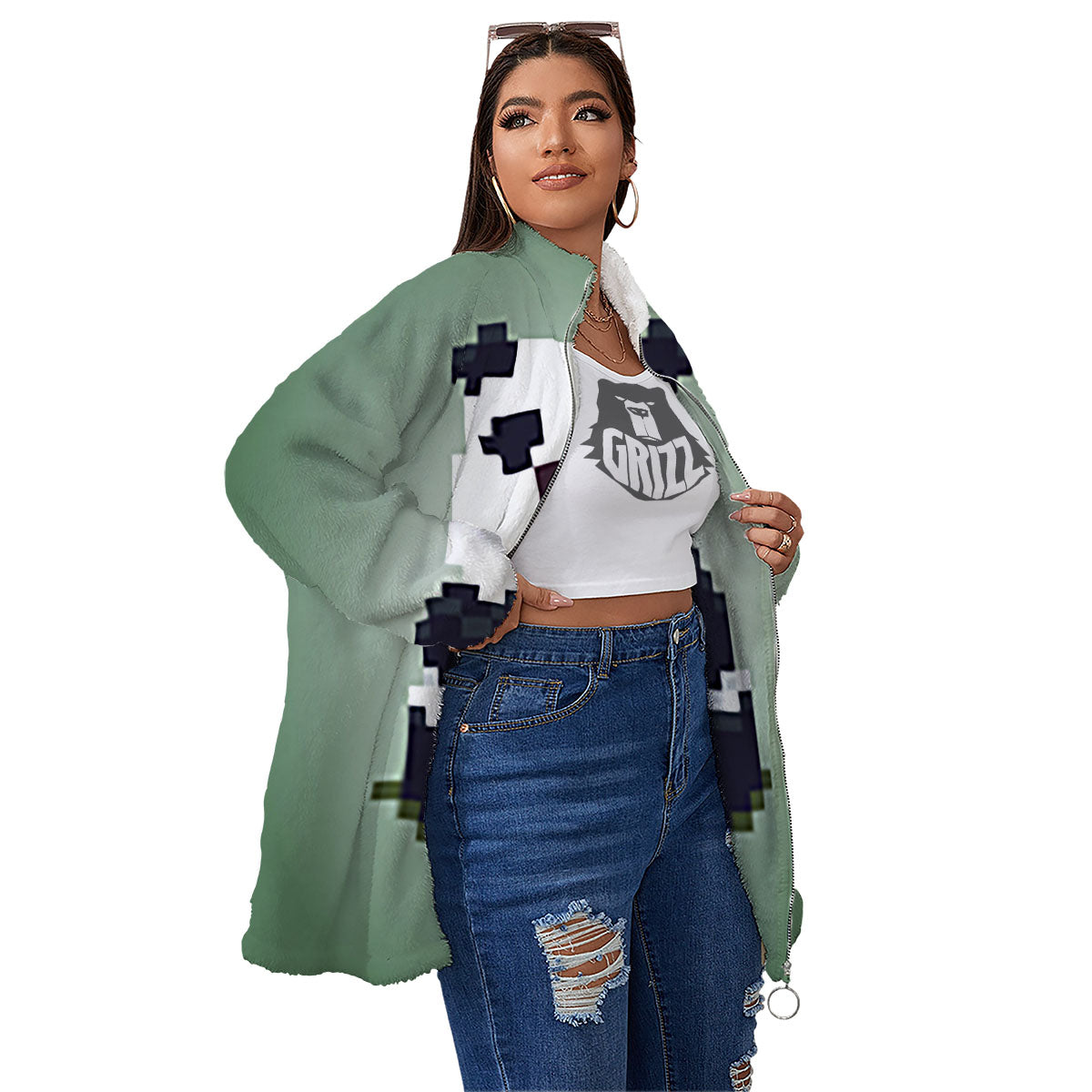 Panda 8-Bit Pixel Print Women's Sherpa Jacket-grizzshop