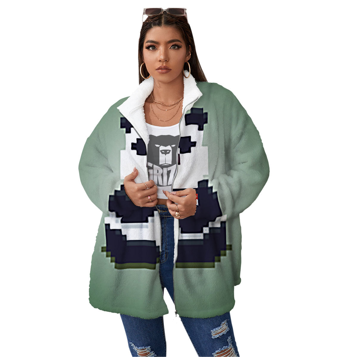 Panda 8-Bit Pixel Print Women's Sherpa Jacket-grizzshop